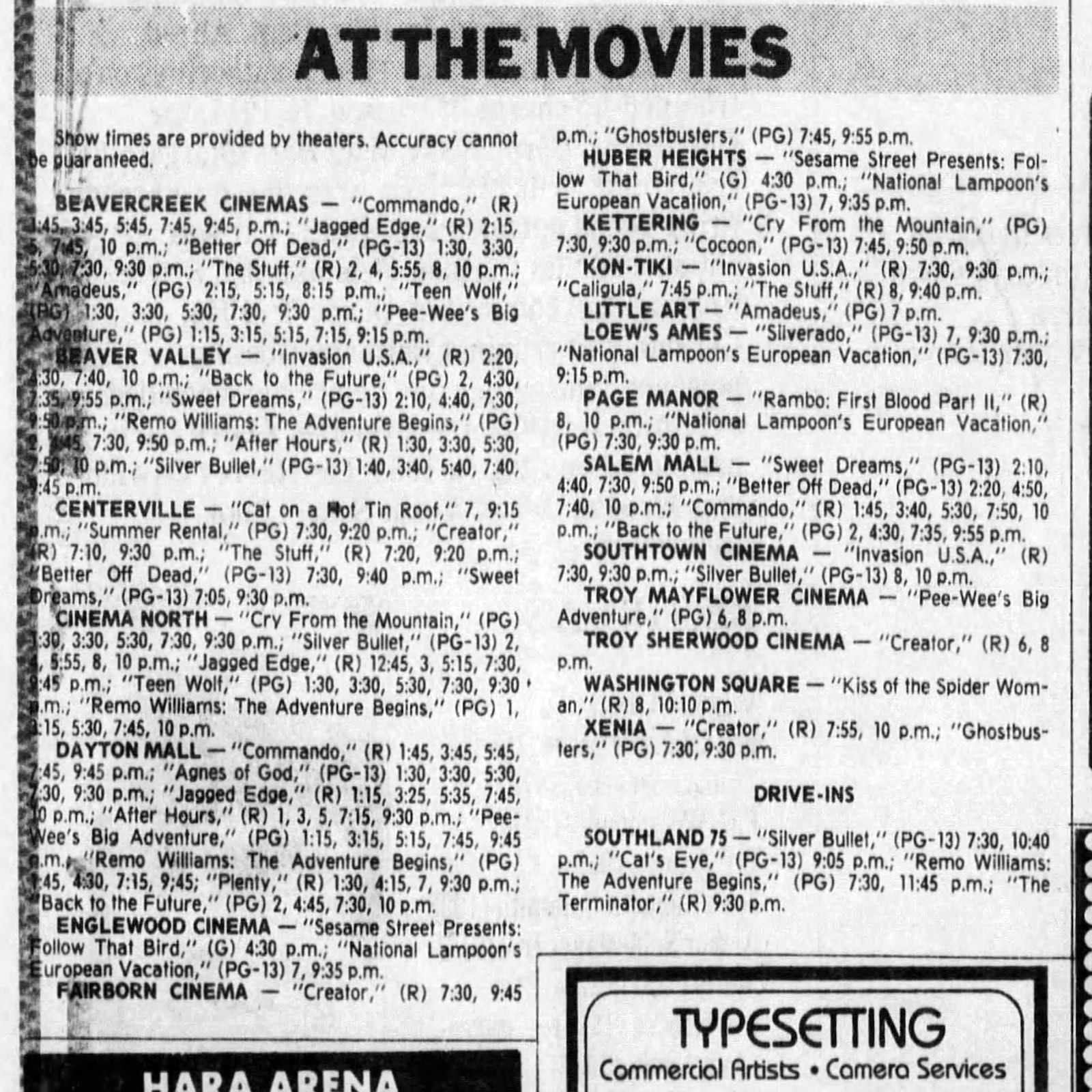 A movies listing from Oct. 1985 from the Dayton Daily News archives.