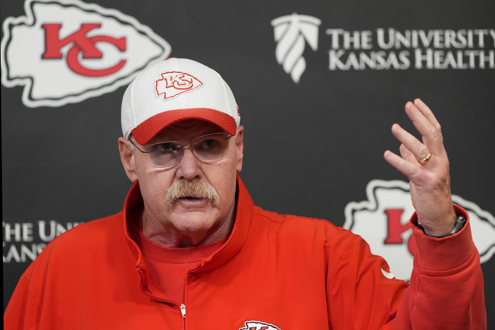 Kansas City Chiefs head coach Andy Reid addresses the media before NFL football practice, Thursday, Jan. 30, 2025, in Kansas City, Mo. (AP Photo/Charlie Riedel)