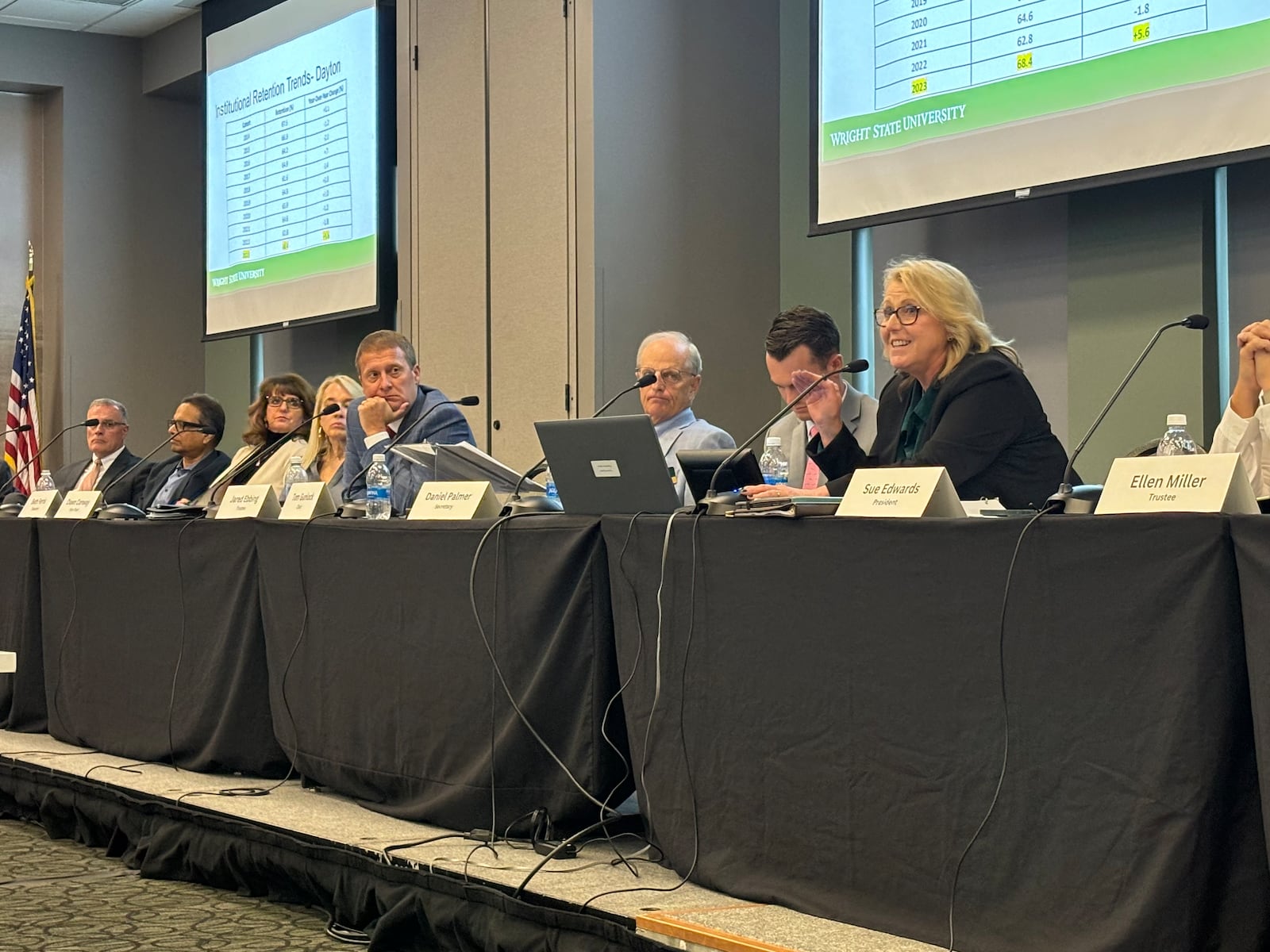 Wright State president Sue Edwards, far right, speaks during a Board of Trustees committee meeting on Thursday, Sept. 12, discussing enrollment trends at the university. Eileen McClory/ staff