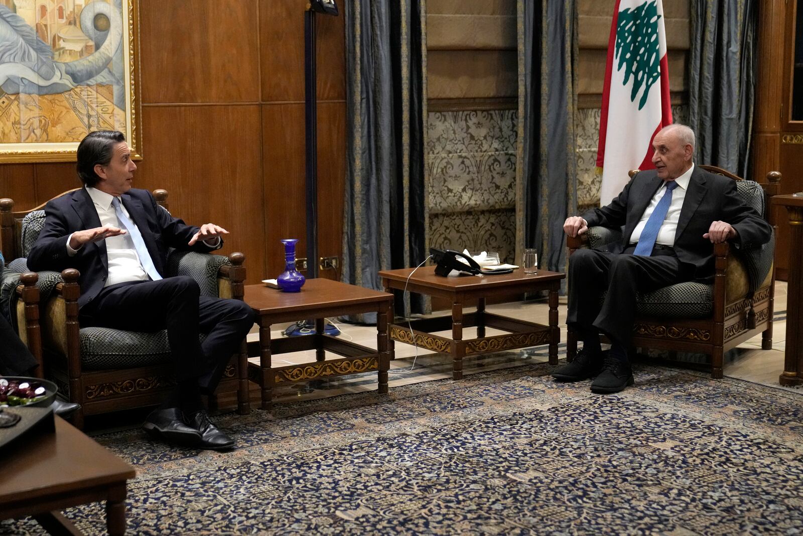 Amos Hochstein, left, a senior adviser to President Joe Biden, meets with Lebanese Parliament speaker Nabih Berri, in Beirut, Lebanon, Monday, Jan. 6, 2025. (AP Photo/Hussein Malla)