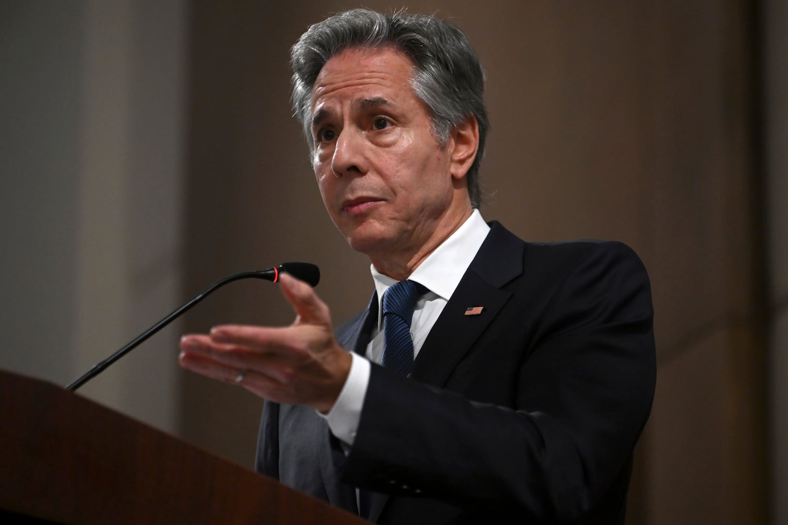 US Secretary of State Antony Blinken delivers a statement to the press after the meeting with the foreign ministers of the Arab Contact Group on Syria in Jordan's southern Red Sea coastal city of Aqaba, Saturday Dec. 14, 2024. (Andrew Caballero-Reynolds/Pool via AP)