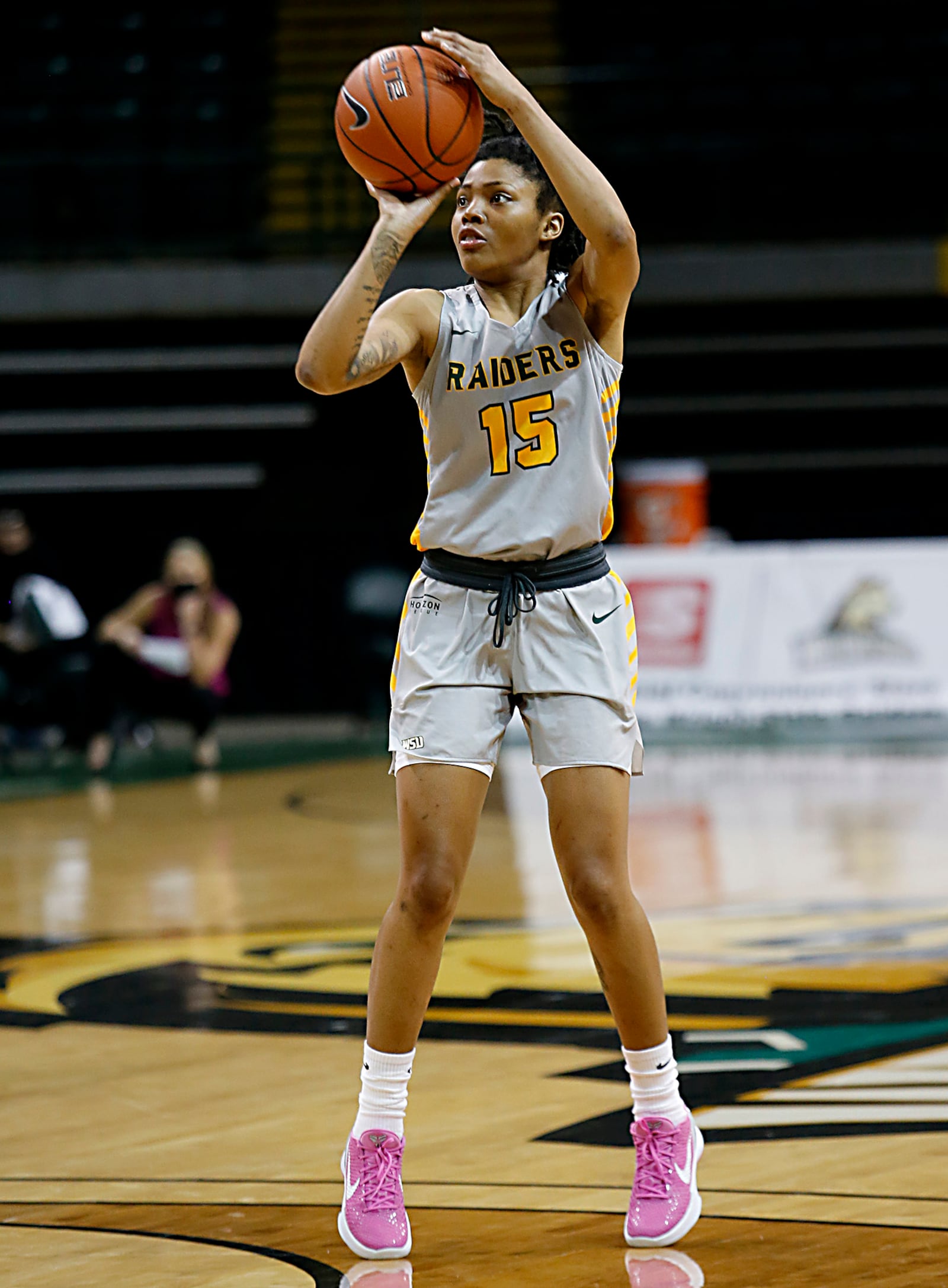 Wright State guard Angel Baker knocks down two against Northern Kentucky during a Horizon League quarterfinal at the Nutter Center in Fairborn Mar. 2, 2021. Wright State won 74-56. E.L. Hubbard/CONTRIBUTED