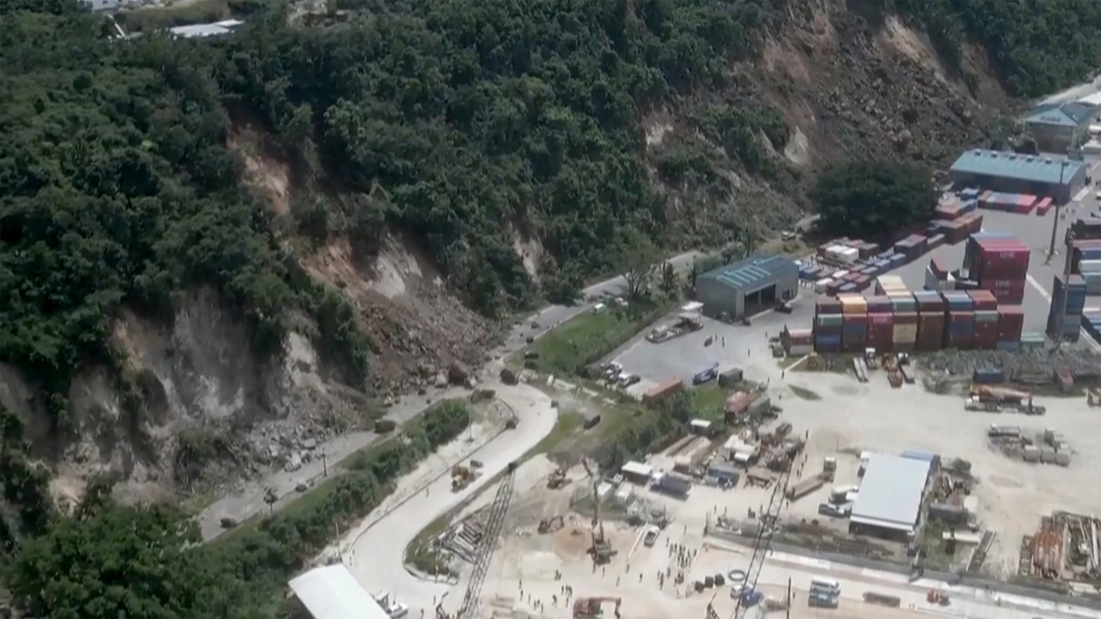 This image made from a video shows a landslide near an international shipping terminal in Port Vila, Vanuatu following a powerful earthquake Tuesday, Dec. 17, 2024. (Dan McGarry via AP)