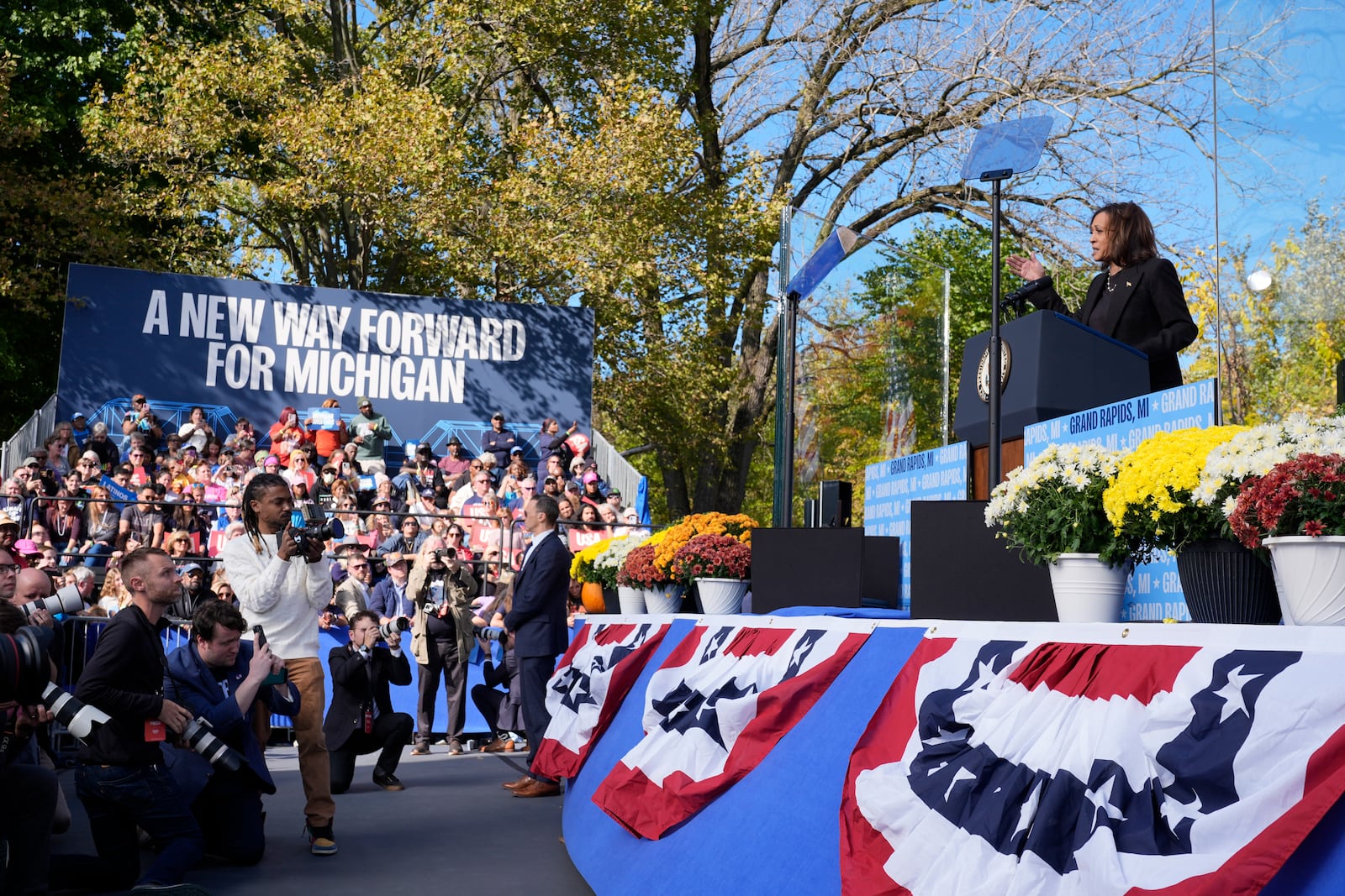 Democratic presidential nominee Vice President Kamala Harris speaks during a campaign event at Riverside Park in Grand Rapids, Mich., Friday, Oct. 18, 2024. (AP Photo/Jacquelyn Martin)