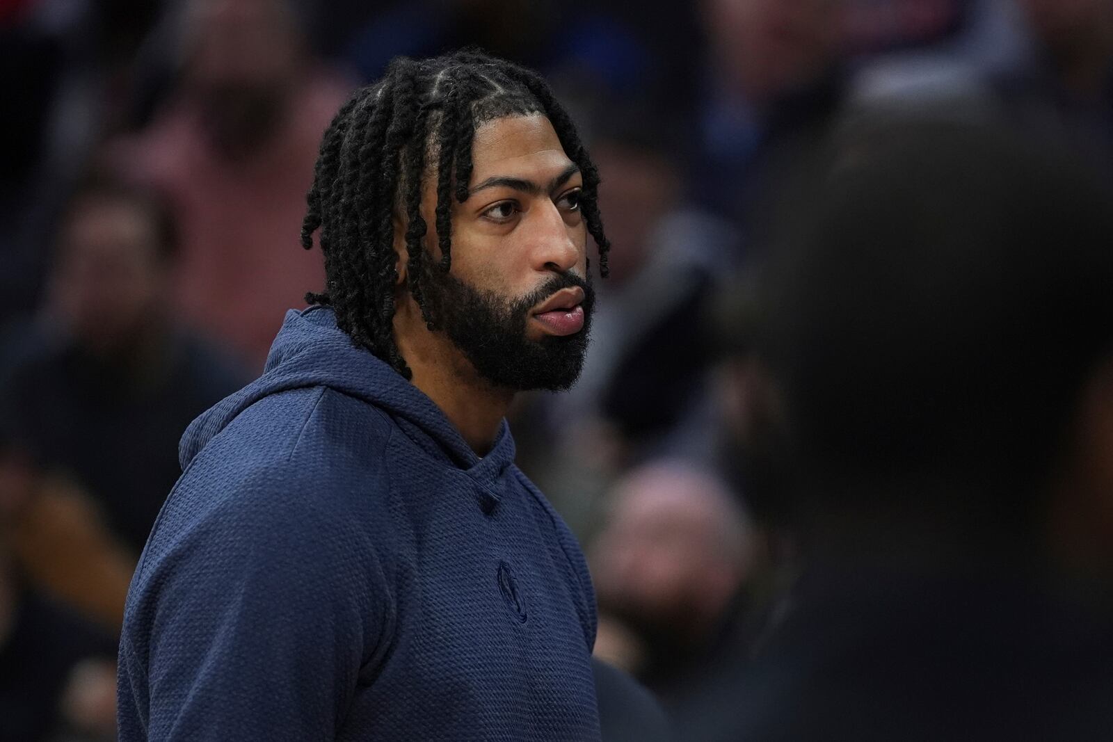 Dallas Mavericks' Anthony Davis walks the floor during a timeout in the first half of an NBA basketball game against the Philadelphia 76ers, Tuesday, Feb. 4, 2025, in Philadelphia. (AP Photo/Matt Slocum)