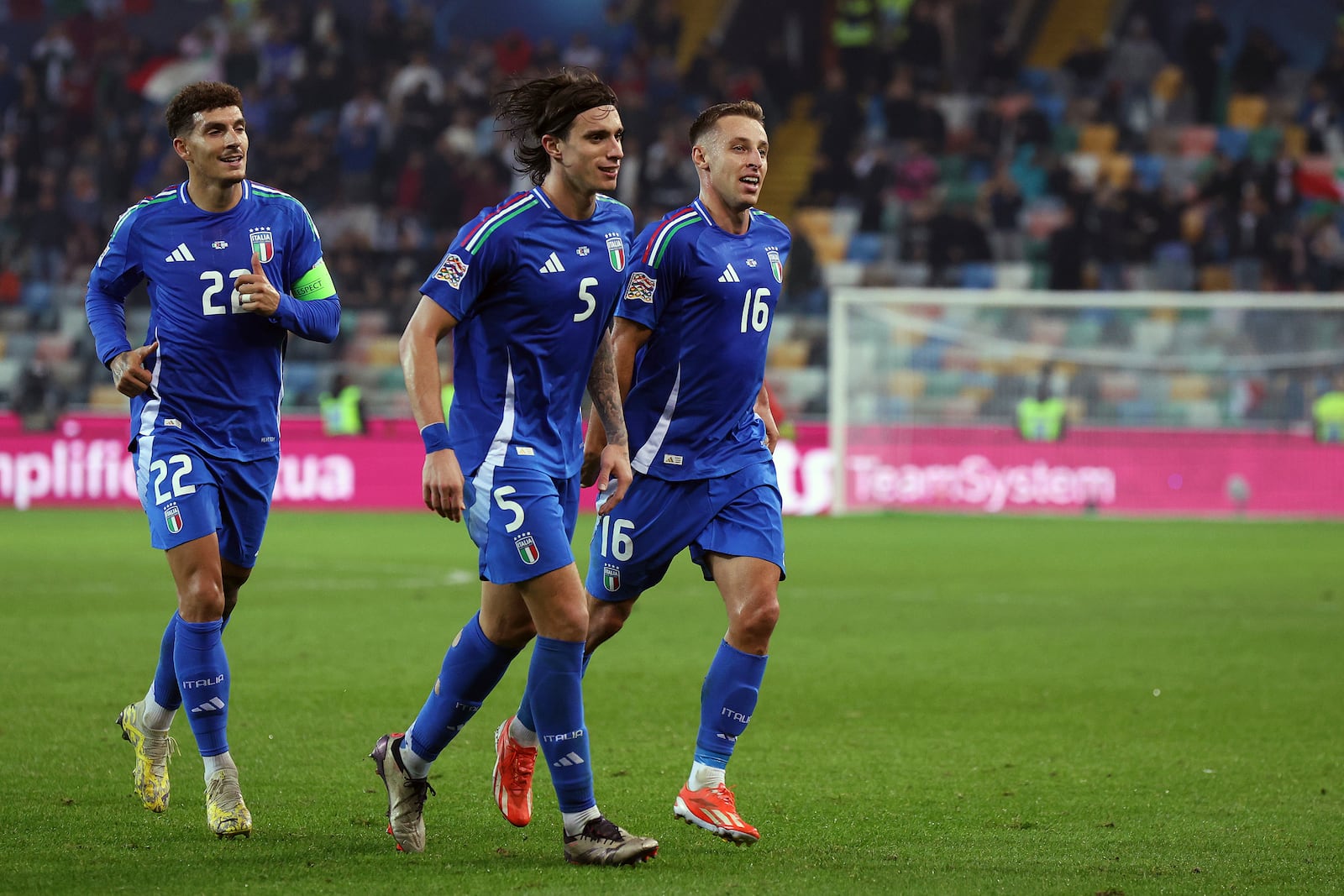 Italian's Davide Frattesi celebrates after scoring his side's third goal during the UEFA Nations League soccer match between Italia and Israel at the Bluenergy Stadium in Udine, Italy, Monday, Oct. 14, 2024. (Andrea Bressanutti/LaPresse via AP)