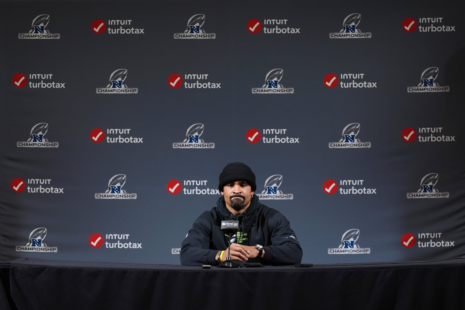 Philadelphia Eagles' Jalen Hurts speaks during a news conference at the NFL football team's training facility, Wednesday, Jan. 22, 2025, in Philadelphia. (AP Photo/Matt Slocum)