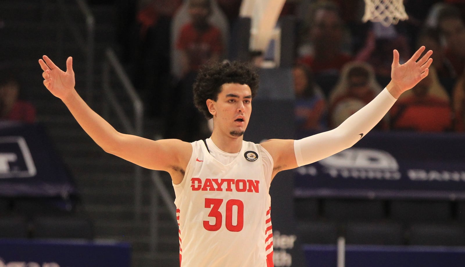 Dayton's Mustapha Amzil plays defense against La Salle on Wednesday, Dec. 30, 2020, at UD Arena. David Jablonski/Staff