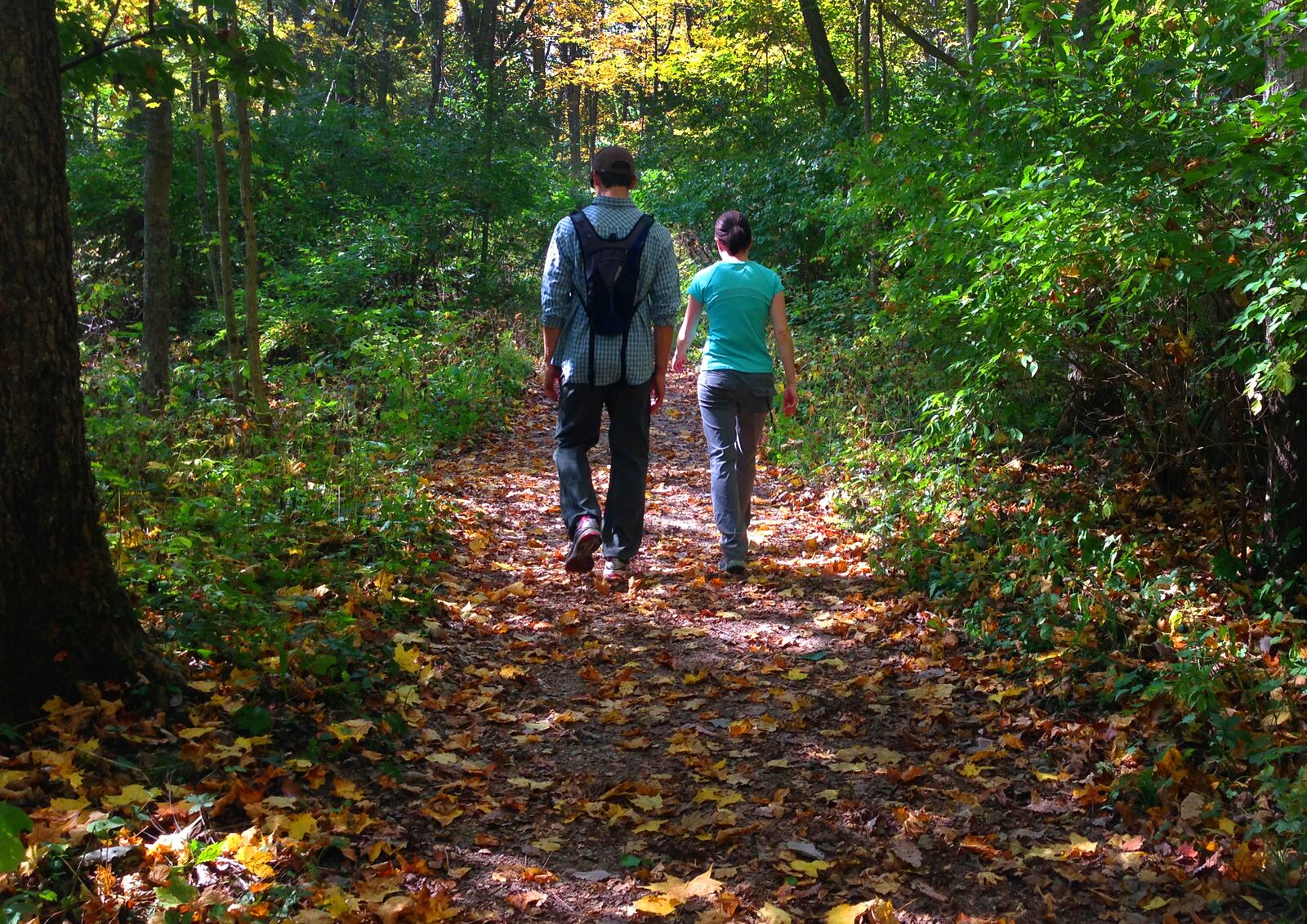 Amid peak fall color, hikers walk the Pittsburgh-Cincinnati Stagecoach Trail in John Bryan State Park that follows the course of the Little Miami River and is wide enough for two people. John Bryan near Yellow Springs is considered by many to be the most scenic state park in western Ohio.