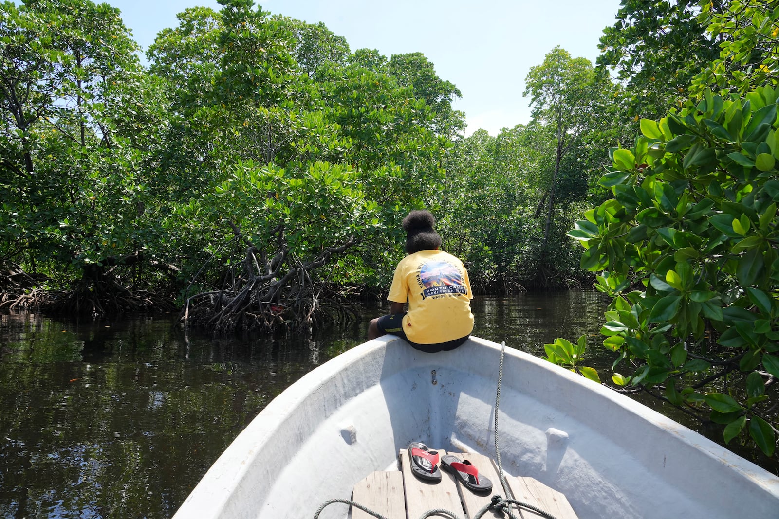 Martha Tjoe sits on a boat through a mangrove forest where only women are permitted to enter in Jayapura, Papua province, Indonesia on Wednesday, Oct. 2, 2024. (AP Photo/Firdia Lisnawati)