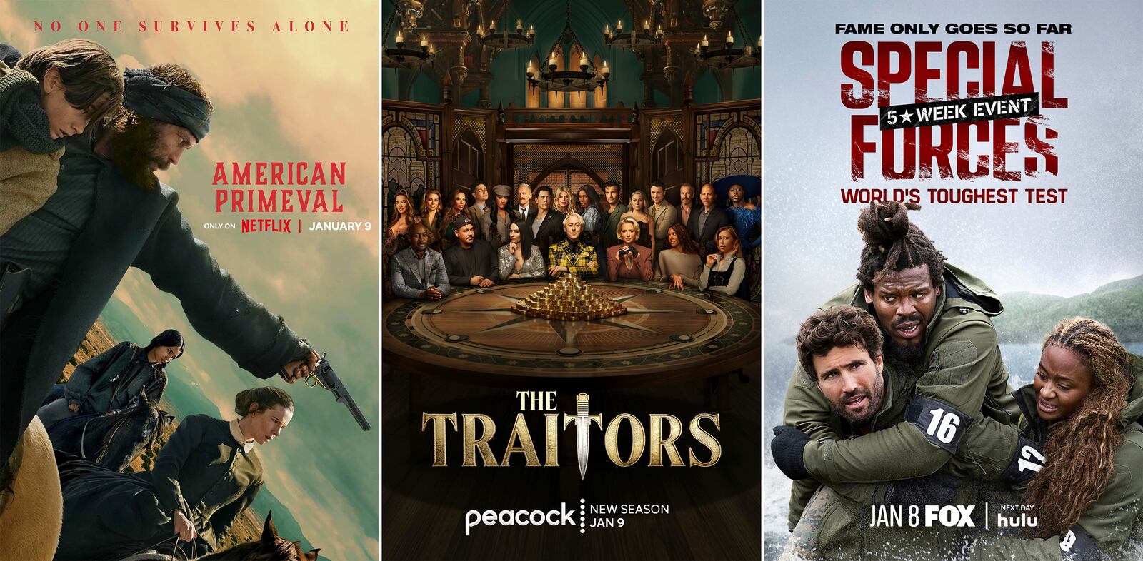 This combination of images shows promotional art for "American Primeval", from left, " The Traitors", and "Special Forces". (Netflix/Peacock/Fox via AP)