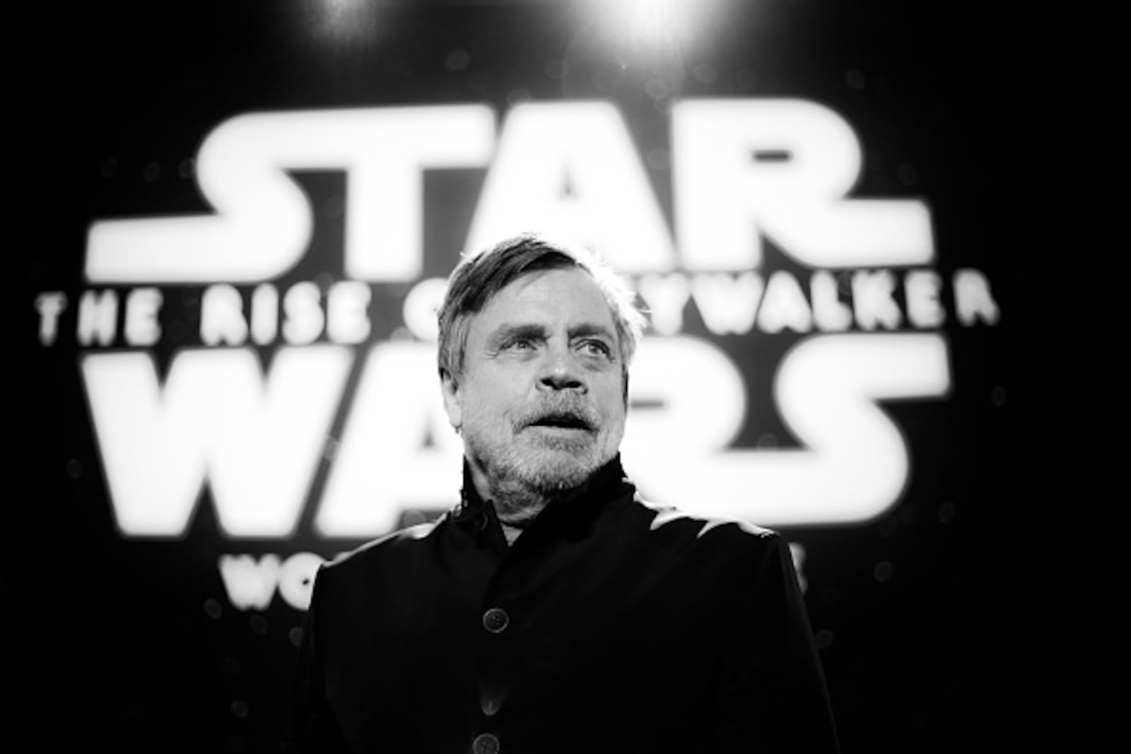 HOLLYWOOD, CALIFORNIA - DECEMBER 16: (EDITORS NOTE: Image has been converted to black and white.) Mark Hamill attends the Premiere of Disney's "Star Wars: The Rise Of Skywalker" on December 16, 2019  in Hollywood, California. (Photo by Rich Fury/Getty Images)