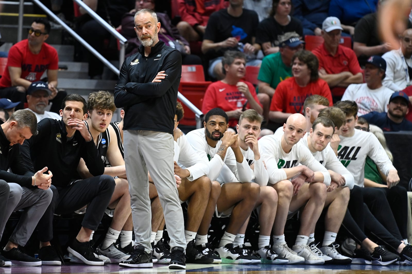 Wright State head coach Scott Nagy stands with his team at the bench during the second half of a first-round NCAA college basketball tournament game against Arizona, Friday, March 18, 2022, in San Diego. Arizona won 87-70. (AP Photo/Denis Poroy)