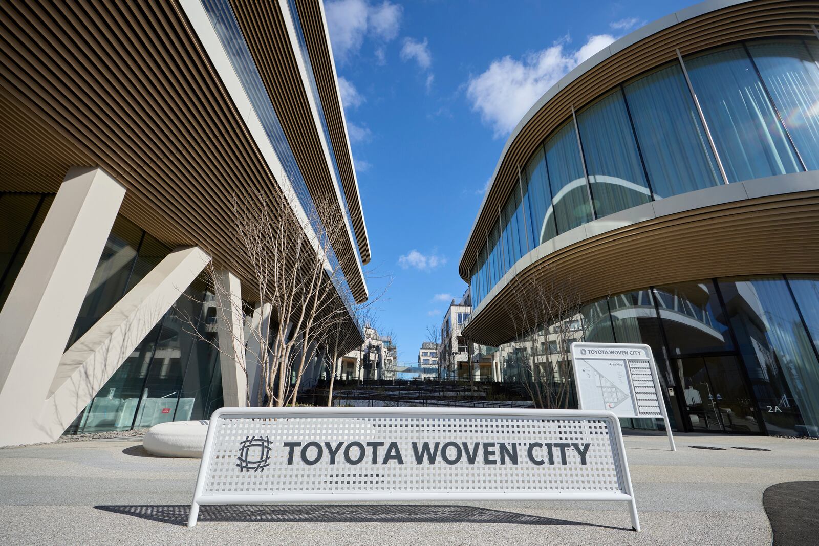 This photo provided by Woven by Toyota shows the sign of Toyota Woven City in Susono city, Shizuoka Prefecture on Feb. 2025. (Woven by Toyota via AP)