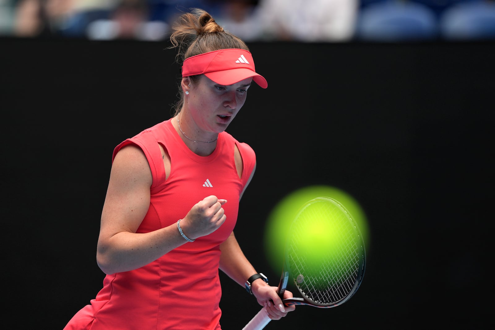 Elina Svitolina of Ukraine reacts during her quarterfinal against Madison Keys of the U.S. at the Australian Open tennis championship in Melbourne, Australia, Wednesday, Jan. 22, 2025. (AP Photo/Ng Han Guan)