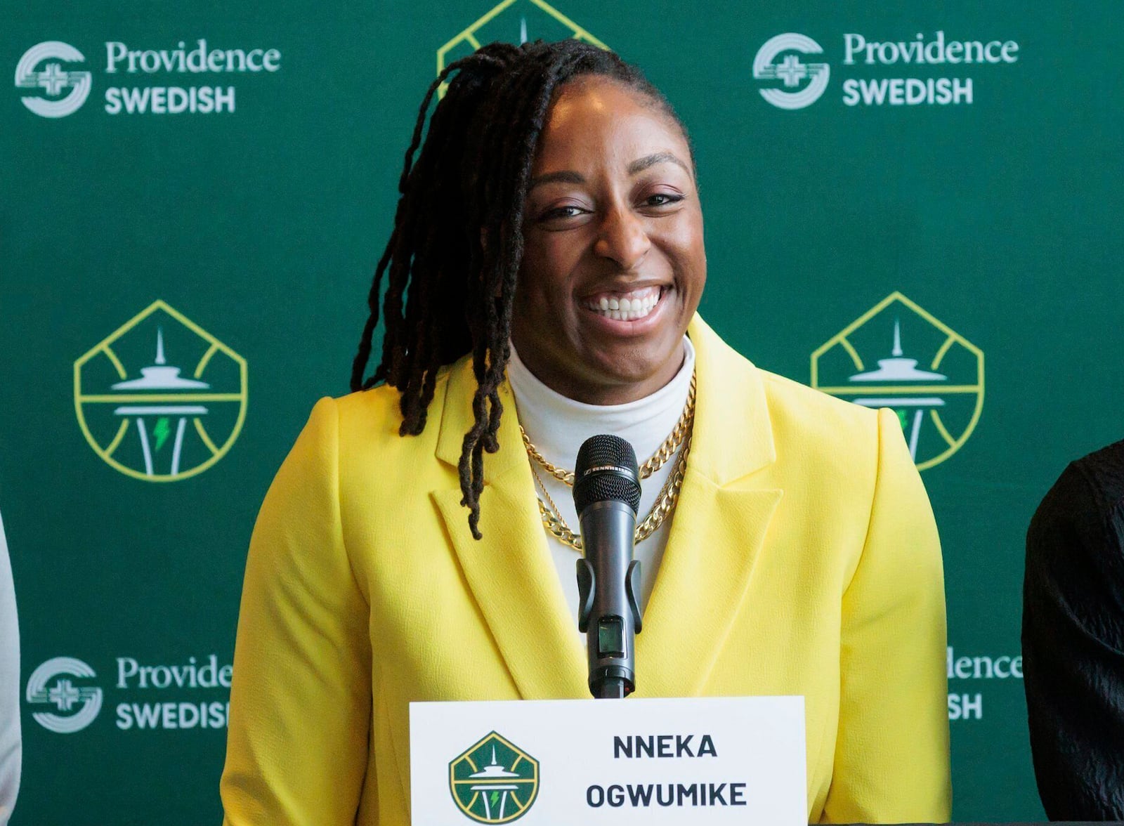 FILE - Seattle Storm player Nneka Ogwumike smiles at a press conference in Seattle, Monday, Feb. 19, 2024. (Erika Schultz/The Seattle Times via AP, File)