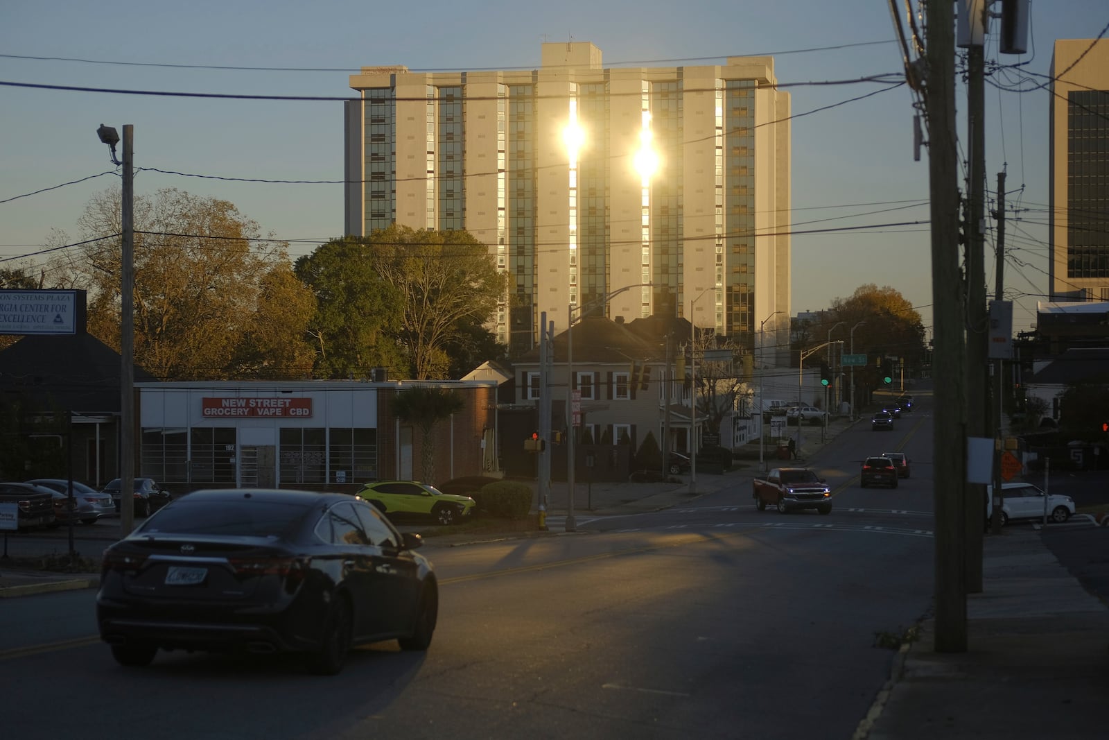 The former Ramada Plaza hotel, slated for implosion as part of New Year's Eve festivities on Dec. 31, 2024, stands on Wednesday, Nov. 20, 2024, in Macon, Ga. (Grant Blankenship/Georgia Public Broadcasting via AP)