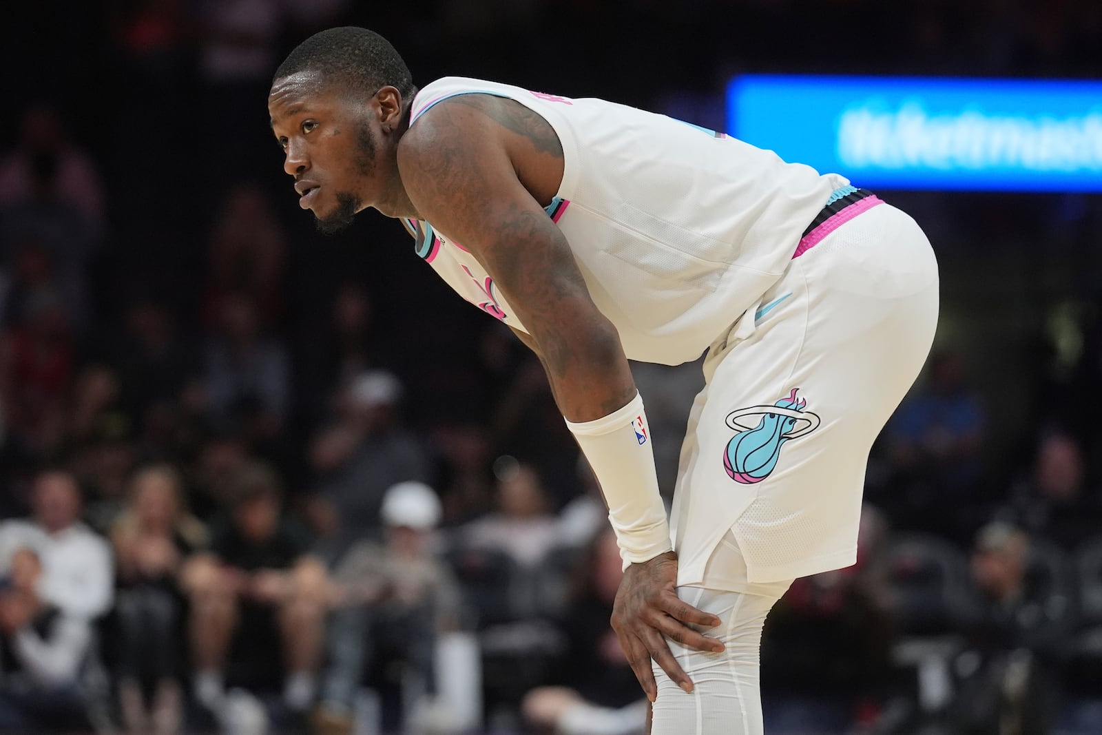 Miami Heat guard Terry Rozier (2) looks up court during the last seconds of the second half of an NBA basketball game against the Chicago Bulls, Saturday, March 8, 2025, in Miami. (AP Photo/Marta Lavandier)