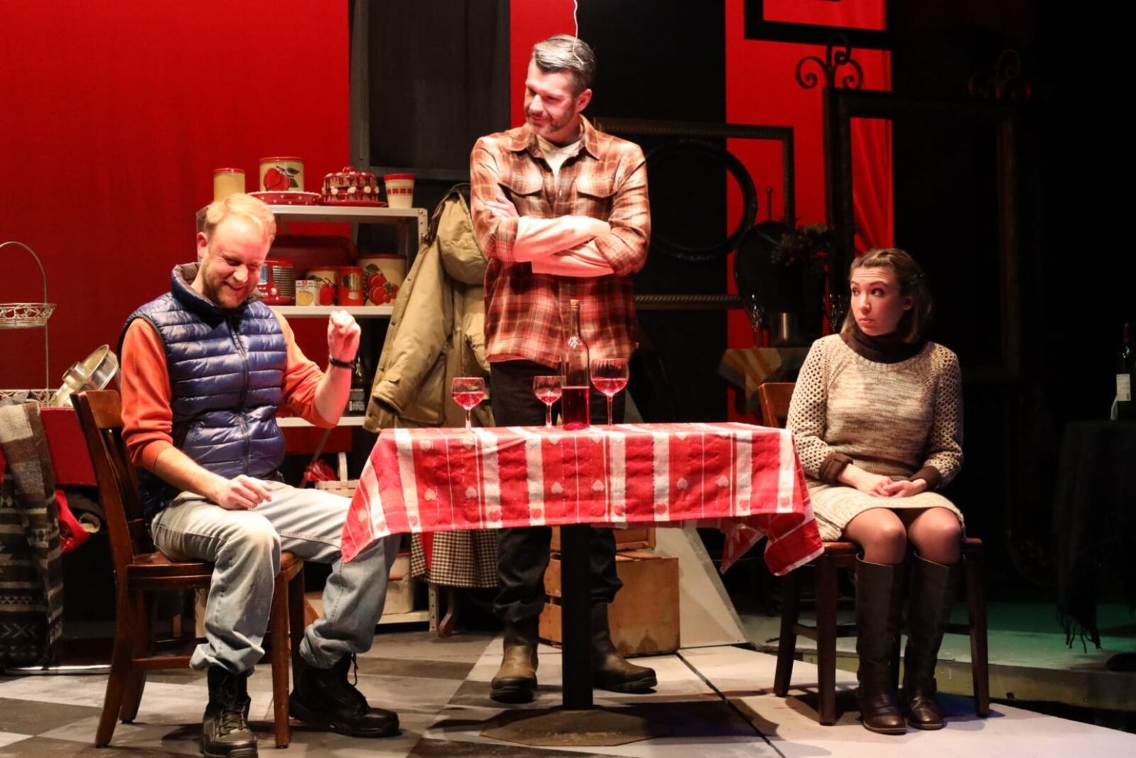 (Left to right) Adam Jones (Tor), Mike Beerbower (Gus) and Jenna De Gruy (Olive) in Dayton Theatre Guild's production of "The Norwegians," slated Feb. 5-20.  (PHOTO COURTESY OF DAYTON THEATRE GUILD)