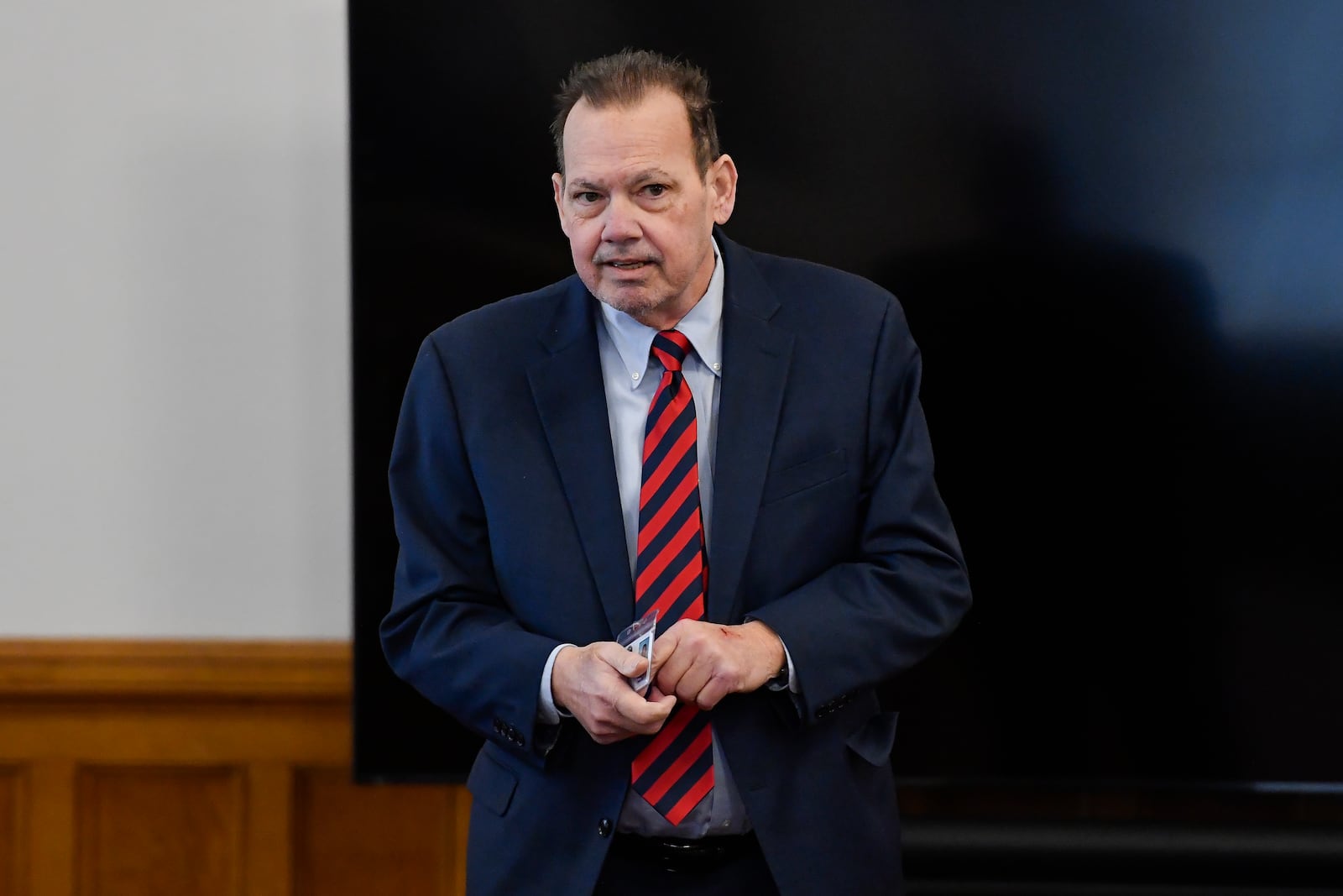 Public defender Nathaniel Barone walks in to Chautauqua County court in Mayville, N.Y., Thursday, Feb. 20, 2025. (AP Photo/Adrian Kraus)