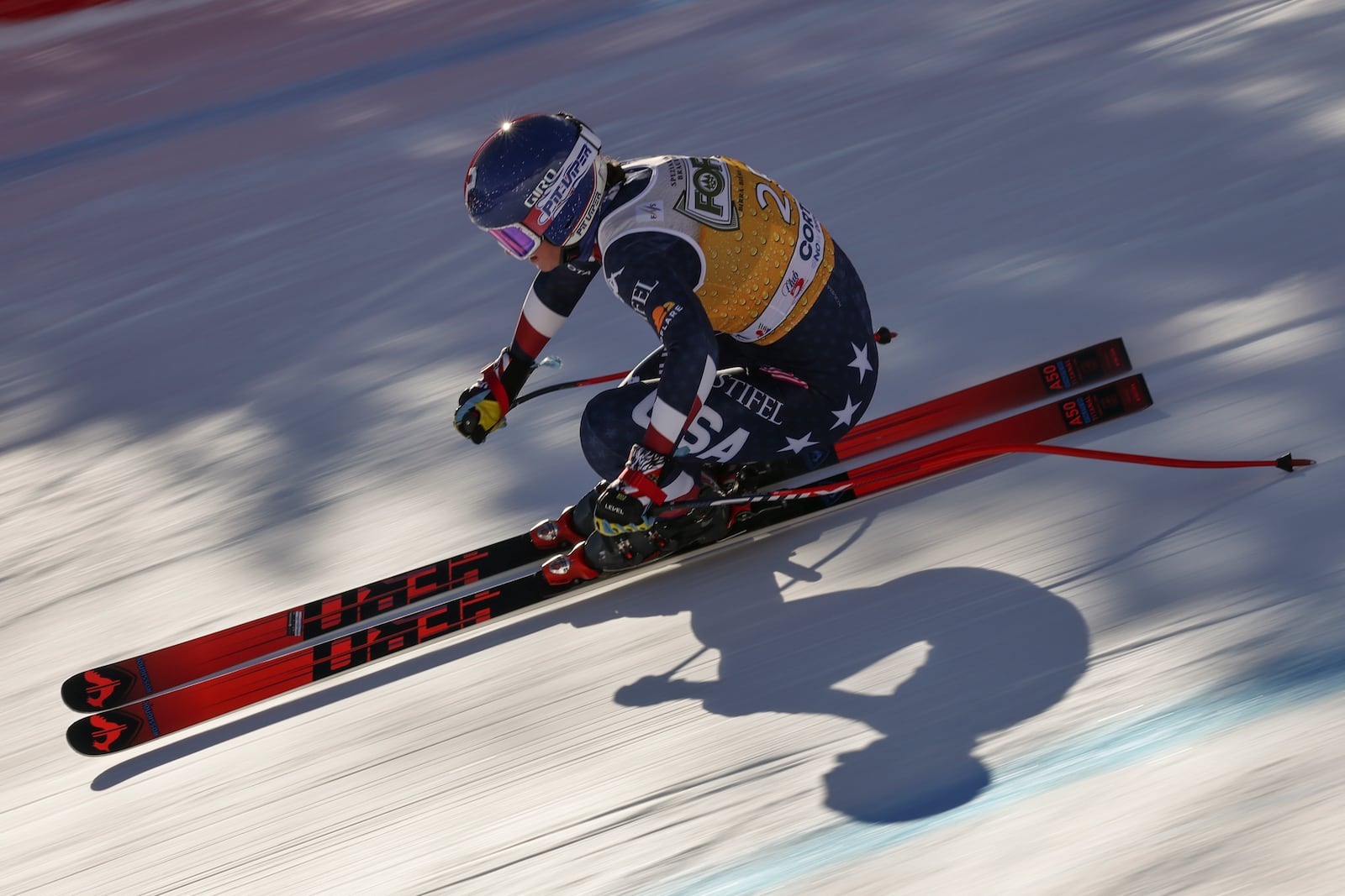 United States' Lauren Macuga speeds down the course during an alpine ski, women's World Cup downhill training, in Cortina d'Ampezzo, Italy, Friday, Jan. 17, 2025. (AP Photo/Marco Trovati)