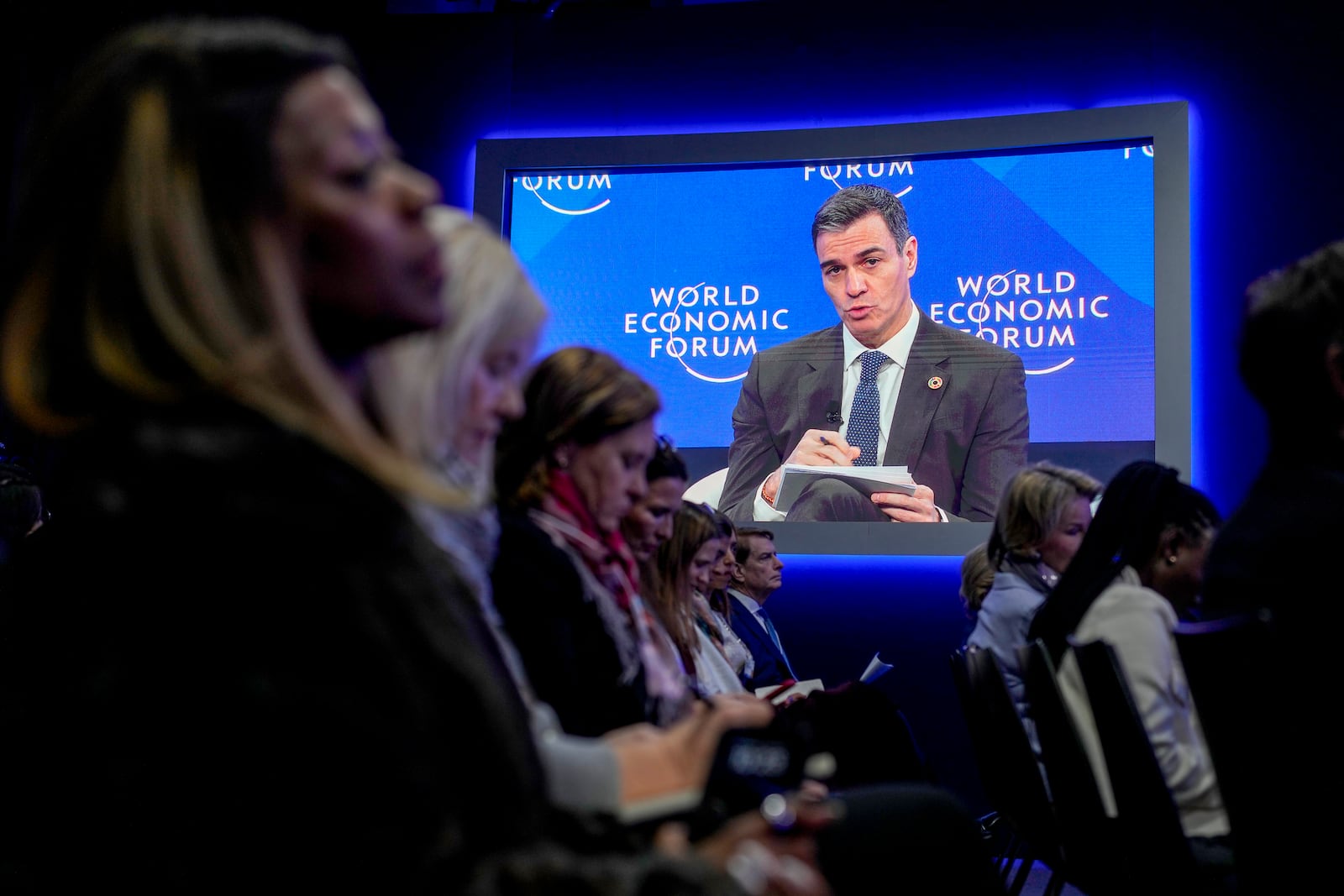 Prime Minister of Spain Pedro Sanchez speaks at the Annual Meeting of World Economic Forum in Davos, Switzerland, Wednesday Jan. 22, 2025. (AP Photo/Markus Schreiber)