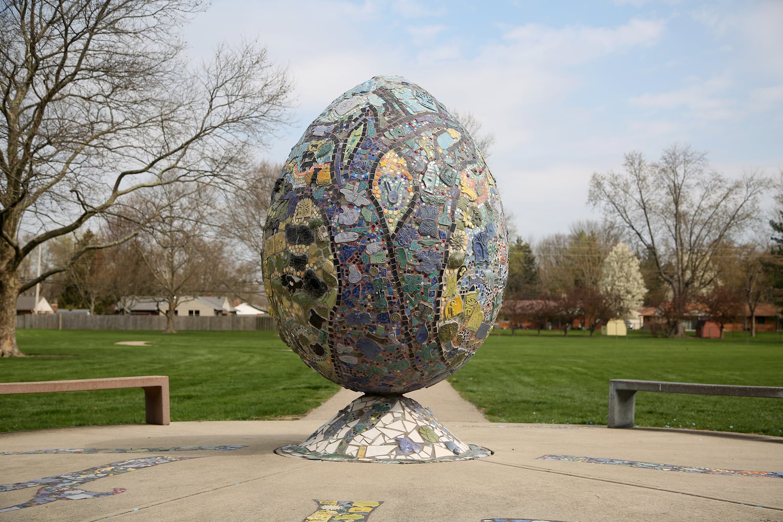 âEGG,â made from 1,500 mosaic tiles created by 500 Kettering community members, reflects memories of Polen Farm and the surrounding J.F. Kennedy Park. LISA POWELL / STAFF