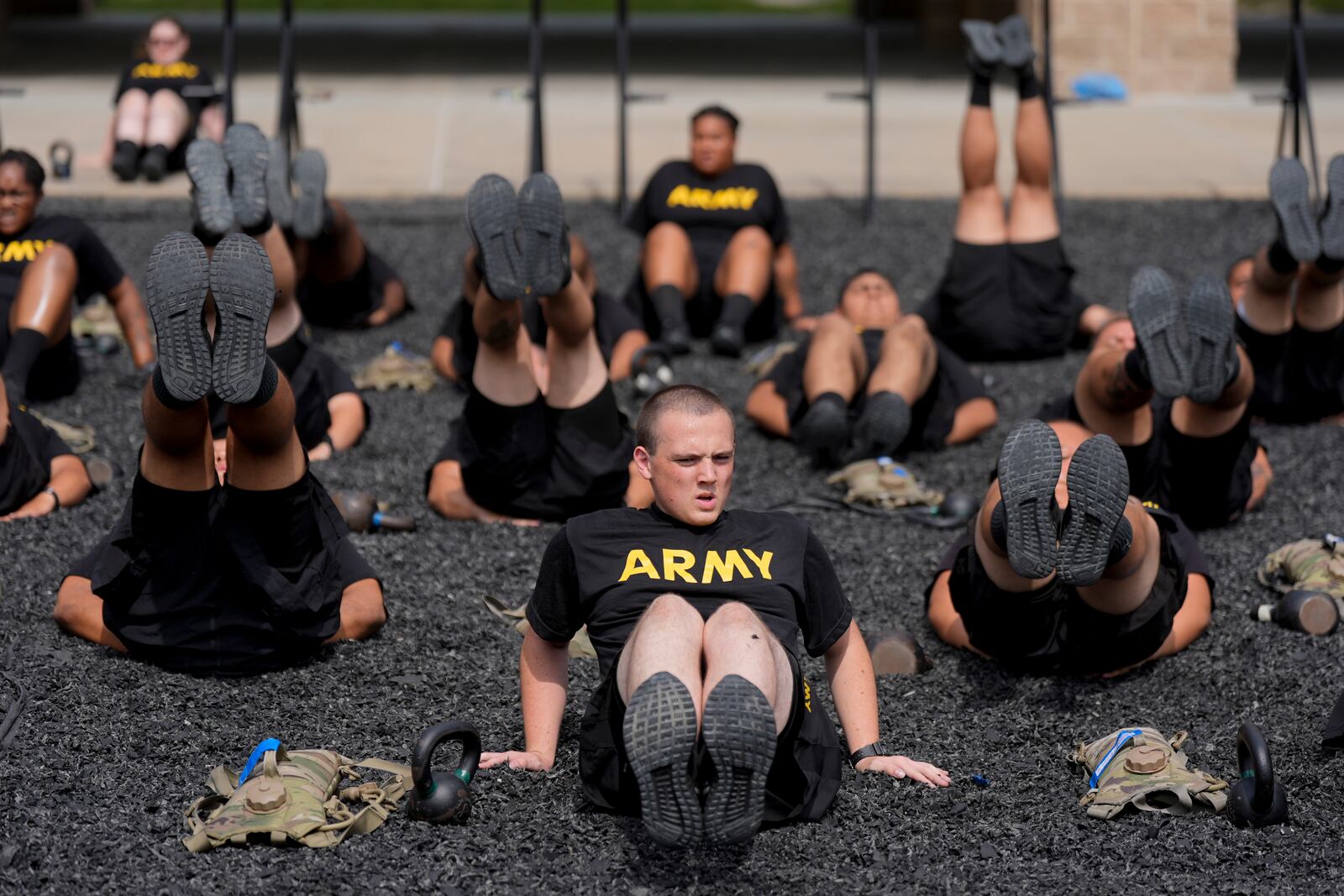 FILE - New recruits participate in the Army's future soldier prep course that gives lower-performing recruits up to 90 days of academic or fitness instruction to help them meet military standards, at Fort Jackson, a U.S. Army Training Center, in Columbia, S.C., Sept. 25, 2024. (AP Photo/Chris Carlson, File)