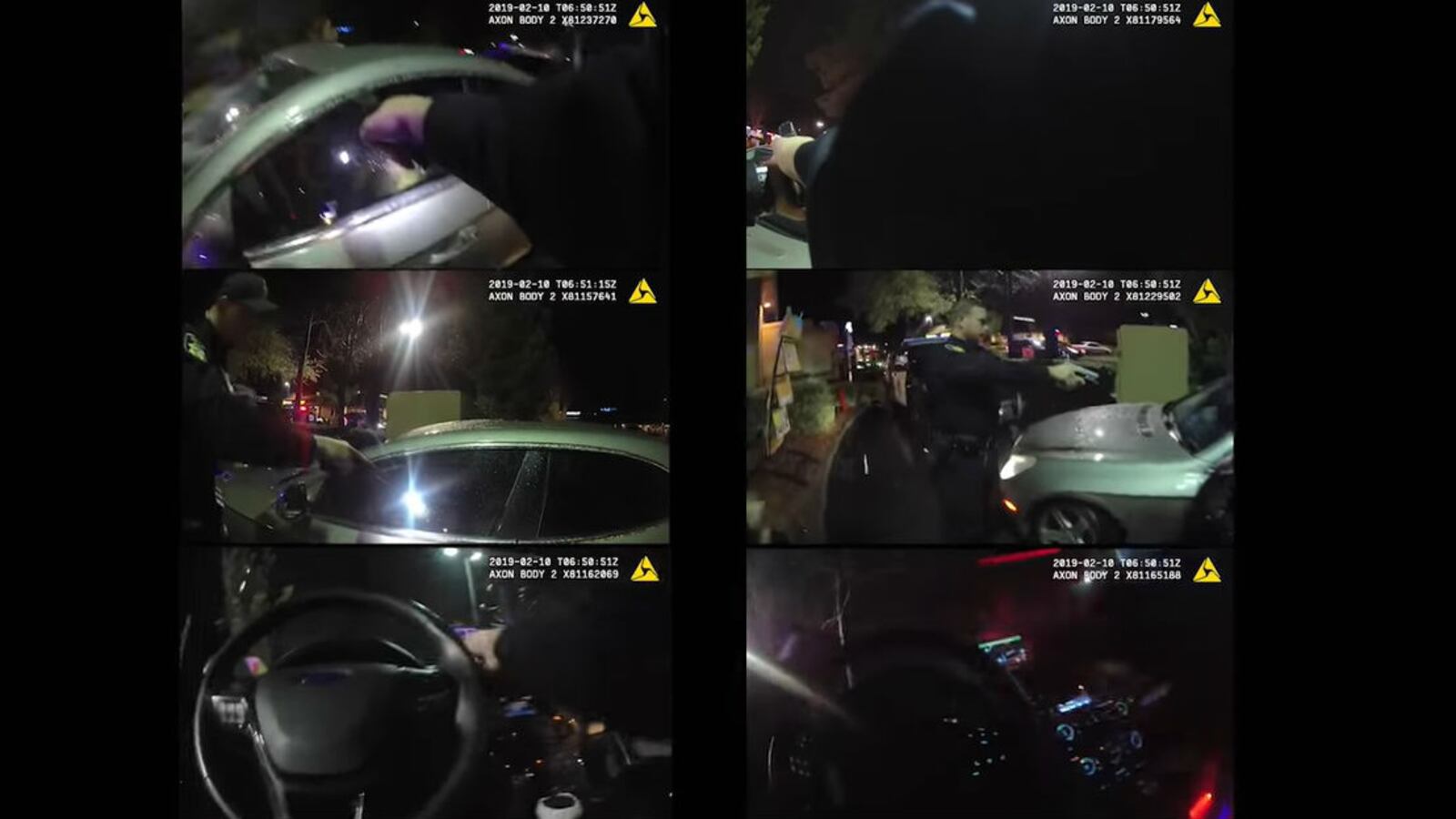 Pictured is body camera footage of six Vallejo, California, police officers involved in the Feb. 9, 2019, fatal shooting of Willie McCoy, 20, who was gunned down in the drive-thru of a Taco Bell. The officers who shot the aspiring rapper, who had fallen asleep behind the wheel, said they fired when he awoke and reached for a gun in his lap.