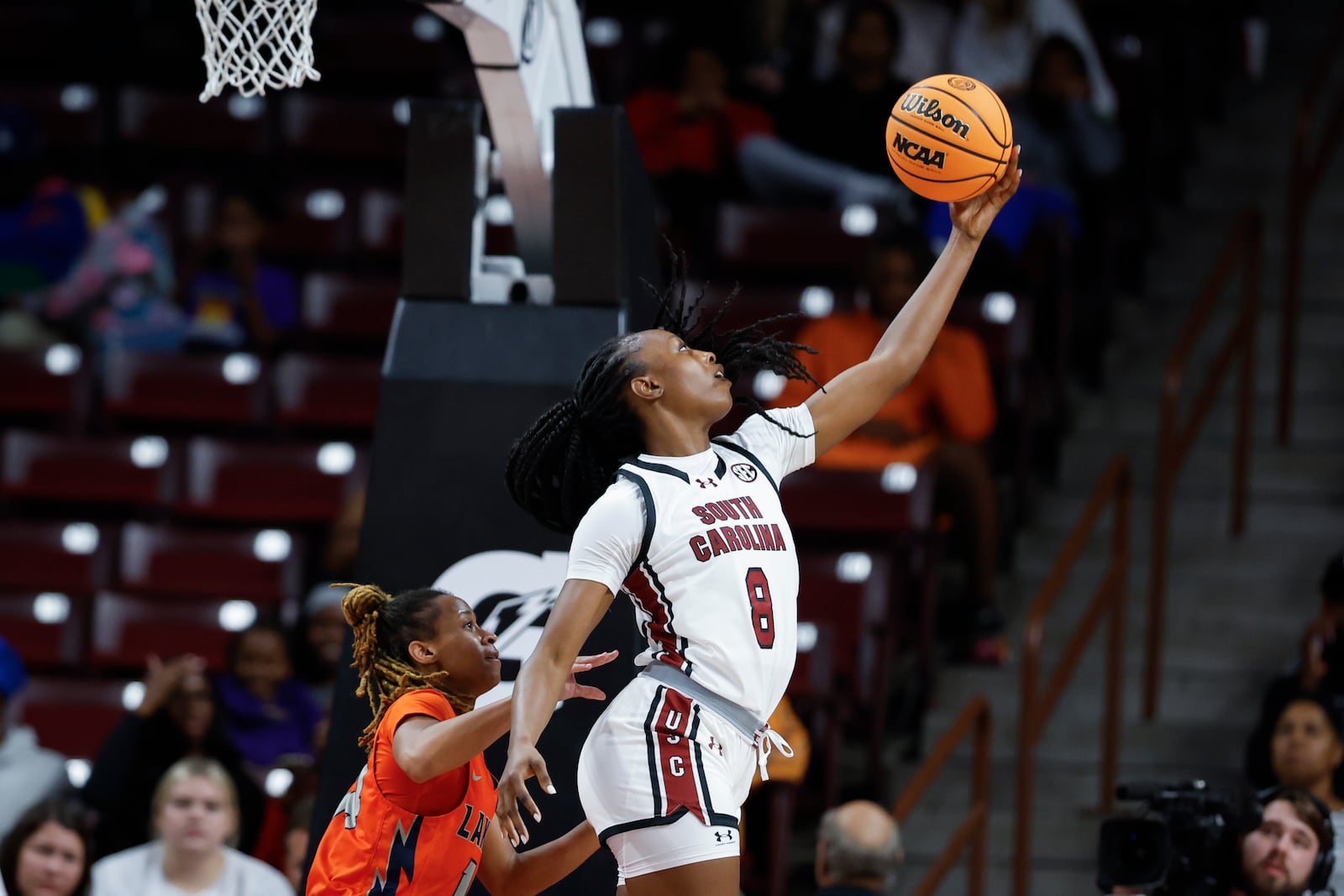 South Carolina forward Joyce Edwards (8) grabs an offensive rebound against Clayton State during the second half of an exhibition NCAA college basketball game in Columbia, S.C., Monday, Oct. 28, 2024. (AP Photo/Nell Redmond)