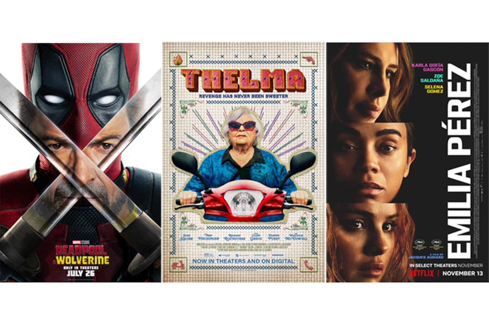 This combination of images shows promotional art for the films "Deadpool & Wolverine," from left, "Thelma", and "Emilia Perez" (The Walt Disney Studios/Magnolia Pictures/Netflix via AP)