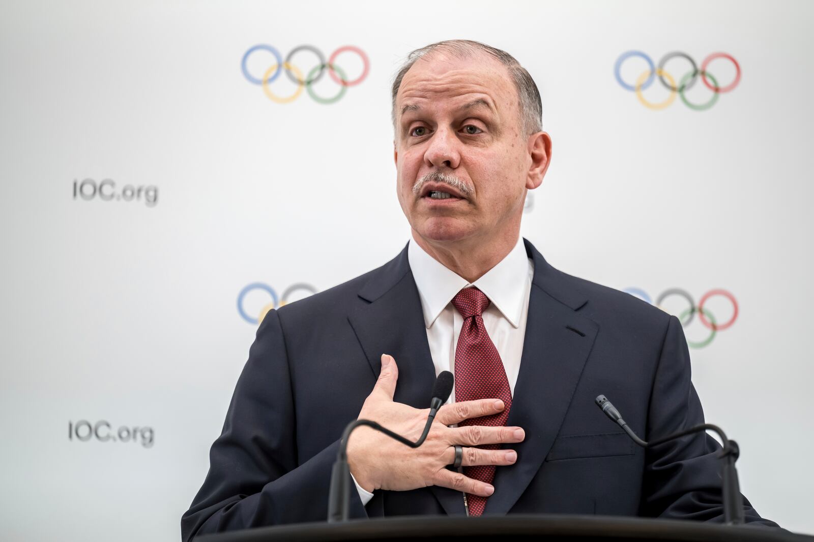 Candidate to the presidency of the International Olympic Committee (IOC) Prince Feisal Al-Hussein speaks during a press conference following a presentation before their fellow IOC members in Lausanne, Switzerland, Thursday, Jan 30, 2025 (Fabrice Coffrini/Pool Photo via AP)