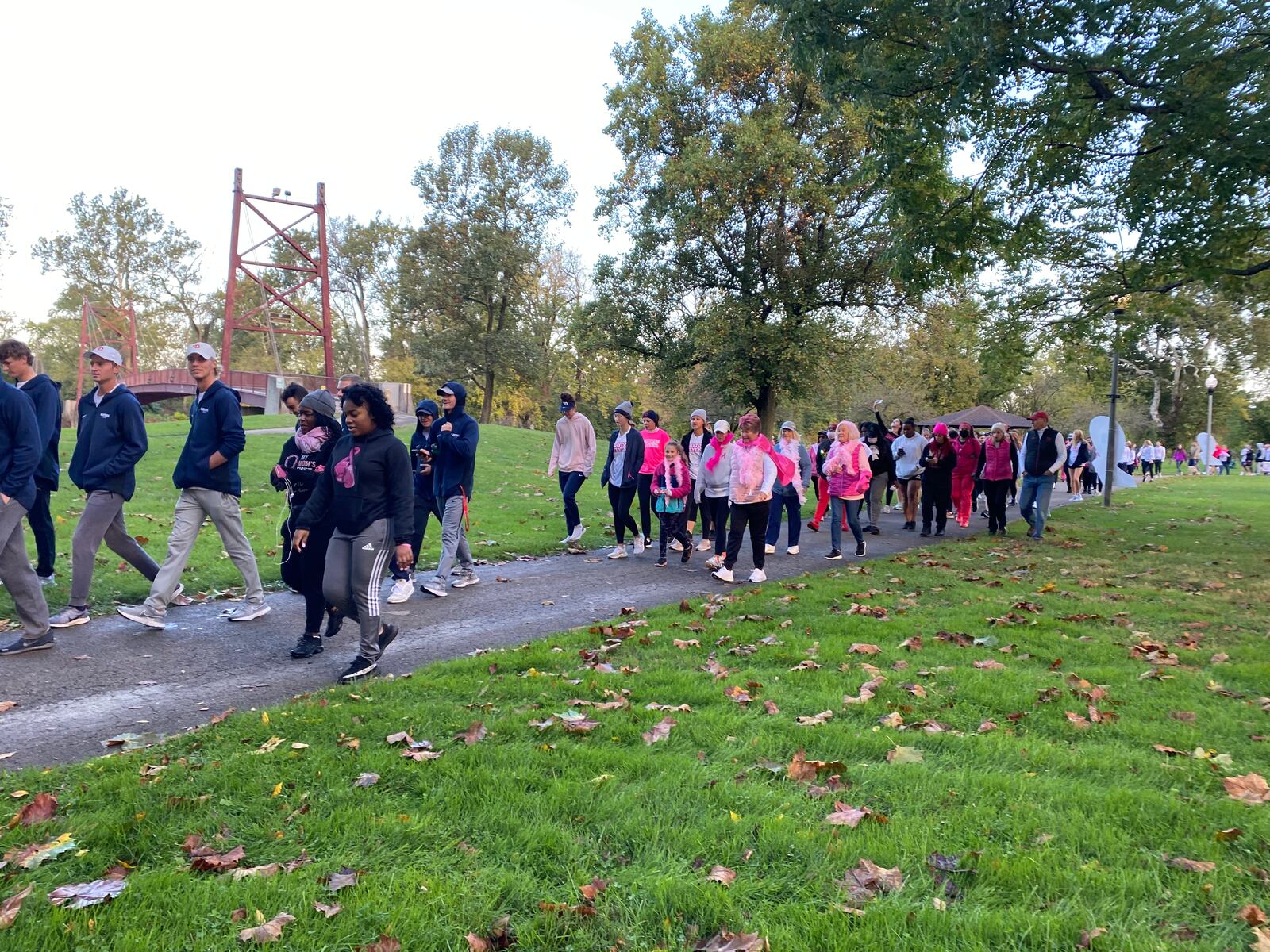 Participants walk in Island MetroPark on Saturday during the Making Strides of Greater Dayton walk from the American Cancer Society. Eileen McClory / Staff