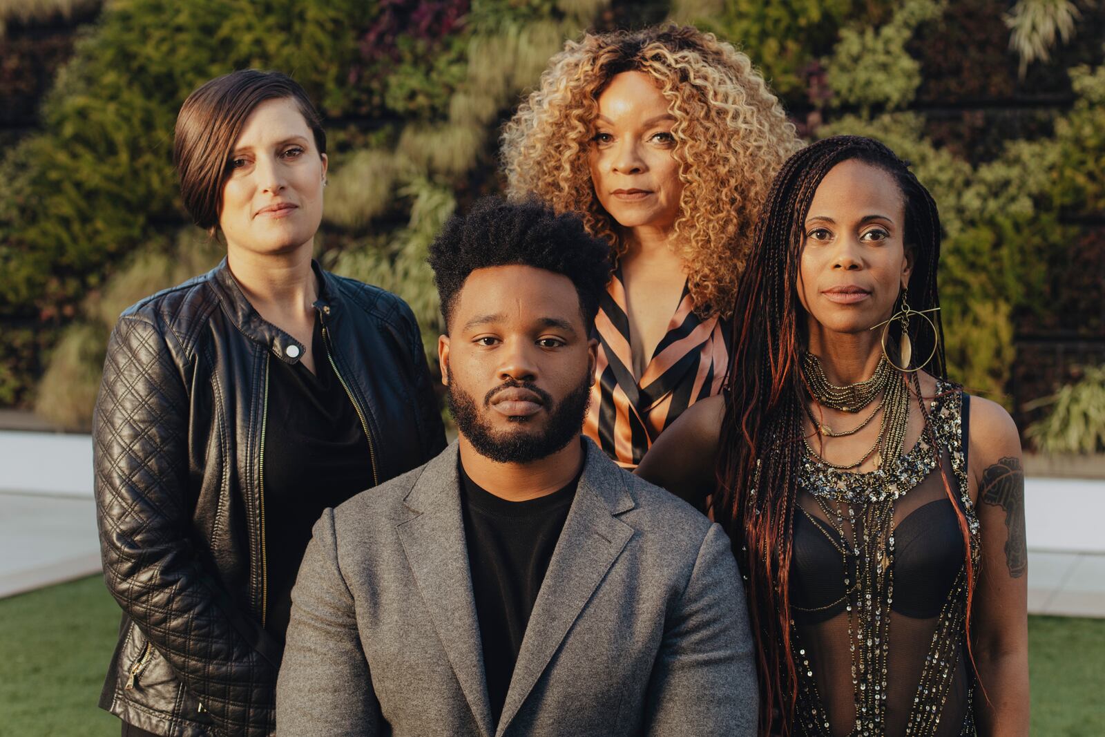 Ryan Coogler with some of his "Black Panther" department heads: from left, the cinematographer Rachel Morrison, the costume designer Ruth E. Carter, and the production designer Hannah Beachler, in Beverly Hills, Calif., Nov. 3, 2018. The crew of Black Panther is unusual among blockbusters for its large number of female department heads. (Rozette Rago/The New York Times)