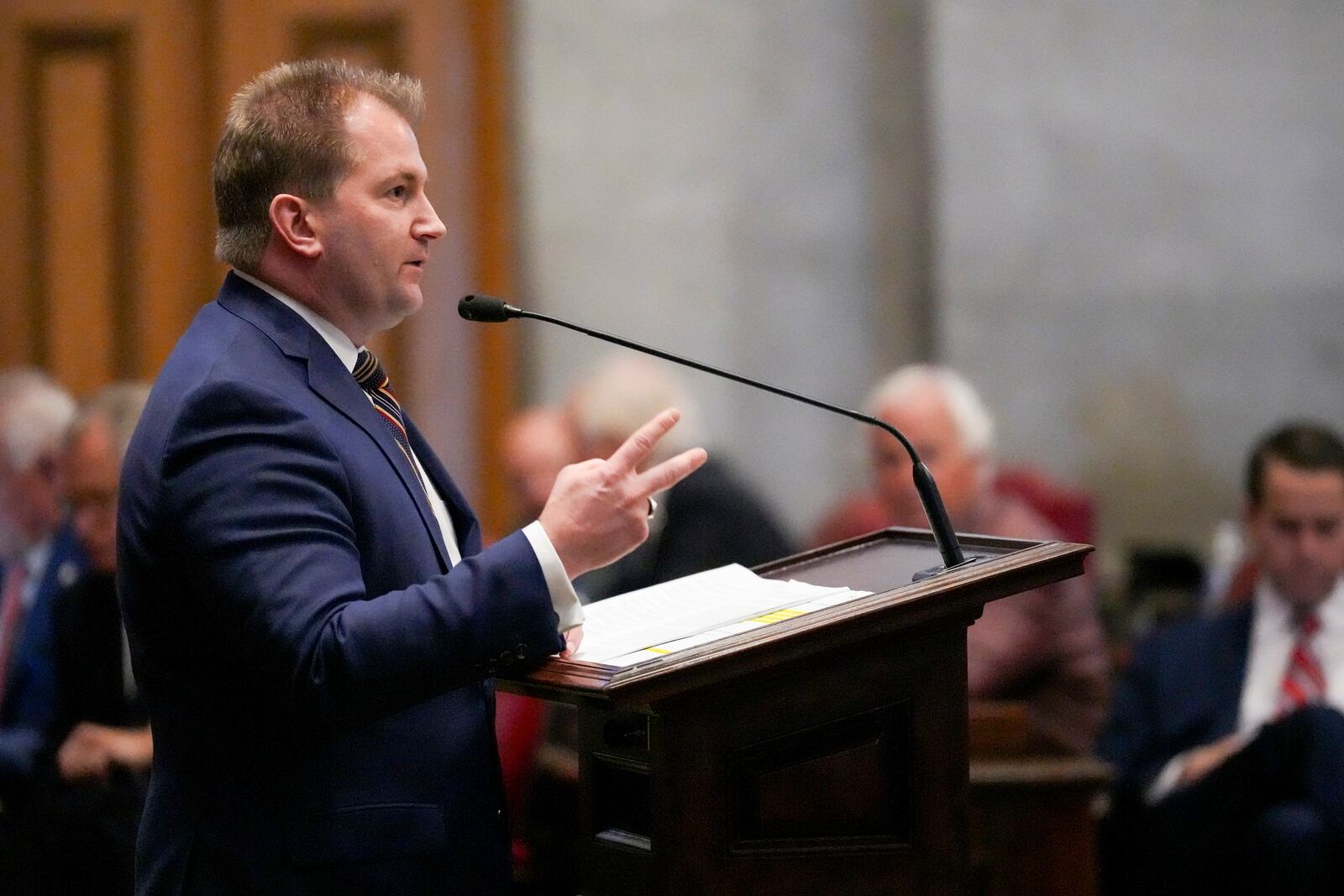 Rep. William Lamberth, R-Portland, speaks on the House floor during a special session of the legislature, Monday, Jan. 27, 2025, in Nashville, Tenn. (AP Photo/George Walker IV)