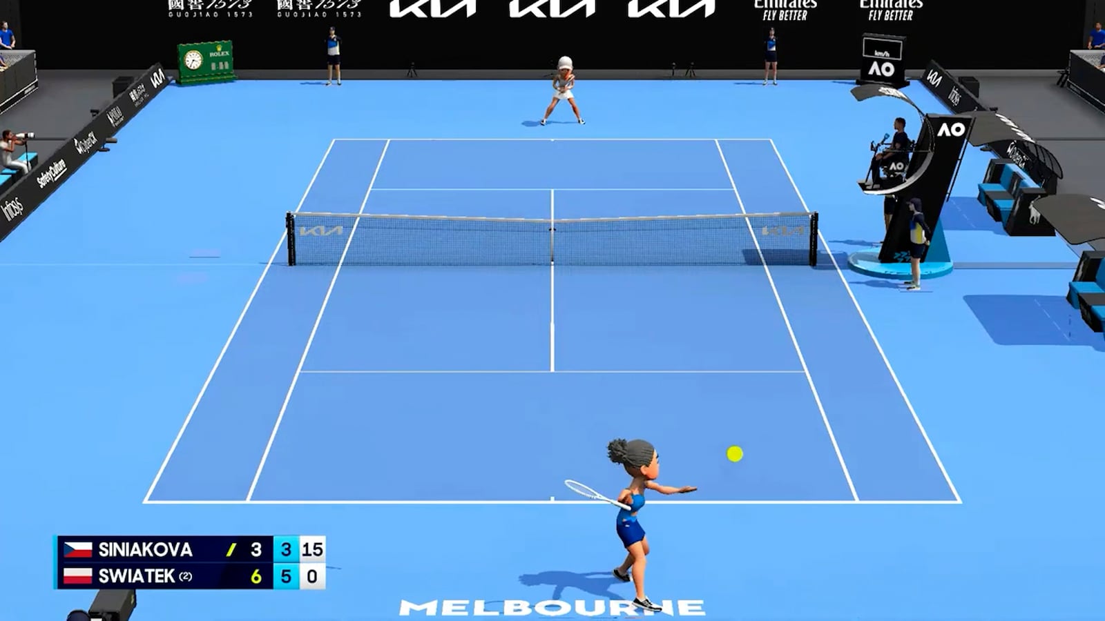 This image made from animation and provided by Tennis Australia shows a match between Iga Swiatek of Poland and Rebecca Sramkova of Slovakia during their second round match at the Australian Open tennis championship in Melbourne, Australia, Thursday, Jan. 16, 2025. (Tennis Australia via AP)