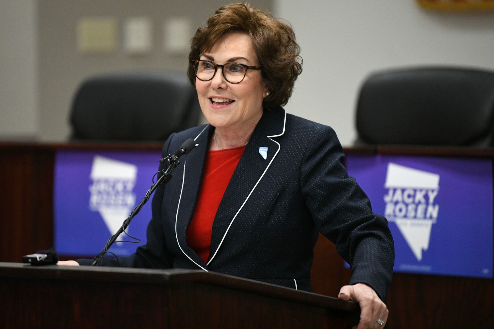 Sen. Jacky Rosen, D-Nev., delivers remarks after winning re-election Saturday, Nov. 9, 2024, in Las Vegas. (Sam Morris/Las Vegas Review-Journal via AP)