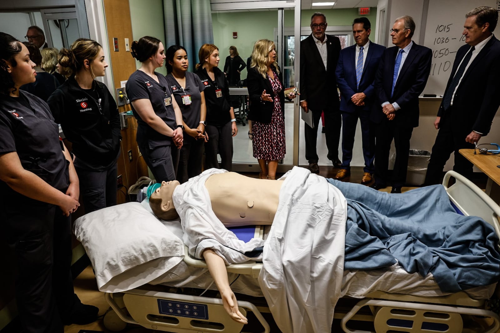 Sinclair College student nurses work on a raspatory mannequin at the health sciences center Tuesday April 2, 2024. Sinclair secured $2 million in federal funding to certify more programs and renovate several labs at the Dayton campus. JIM NOELKER/STAFF