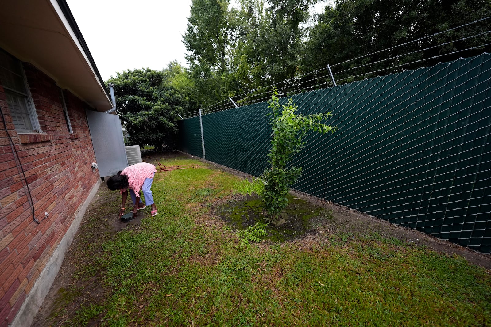 Rose Wilright, 80, tends to her yard next to the fence line of the IMTT facility in the Elkinsville section of St. Rose, La., Friday, Aug. 16, 2024. (AP Photo/Gerald Herbert)