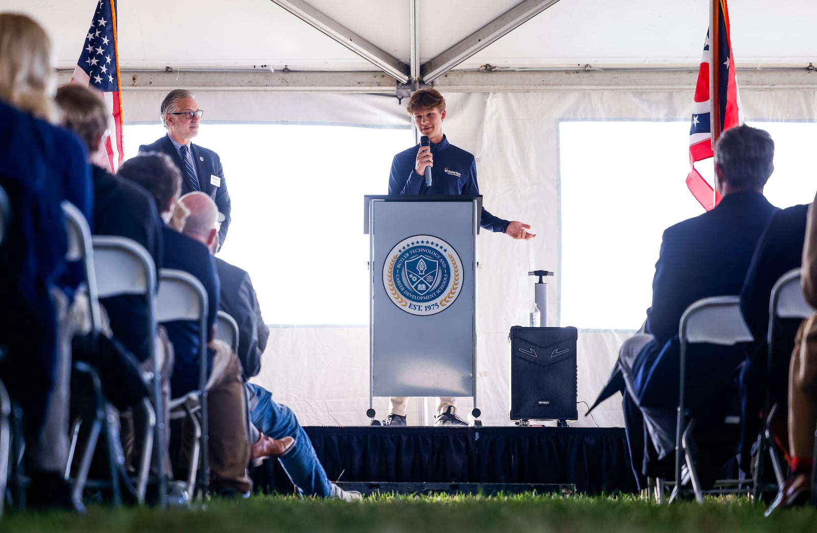 Cody Meiser, a senior in Butler Tech Aviation program, speaks during a groundbreaking ceremony for the Butler Tech Middletown Aviation Center Thursday, Oct. 17, 2024 at Middletown Regional Airport. NICK GRAHAM/STAFF