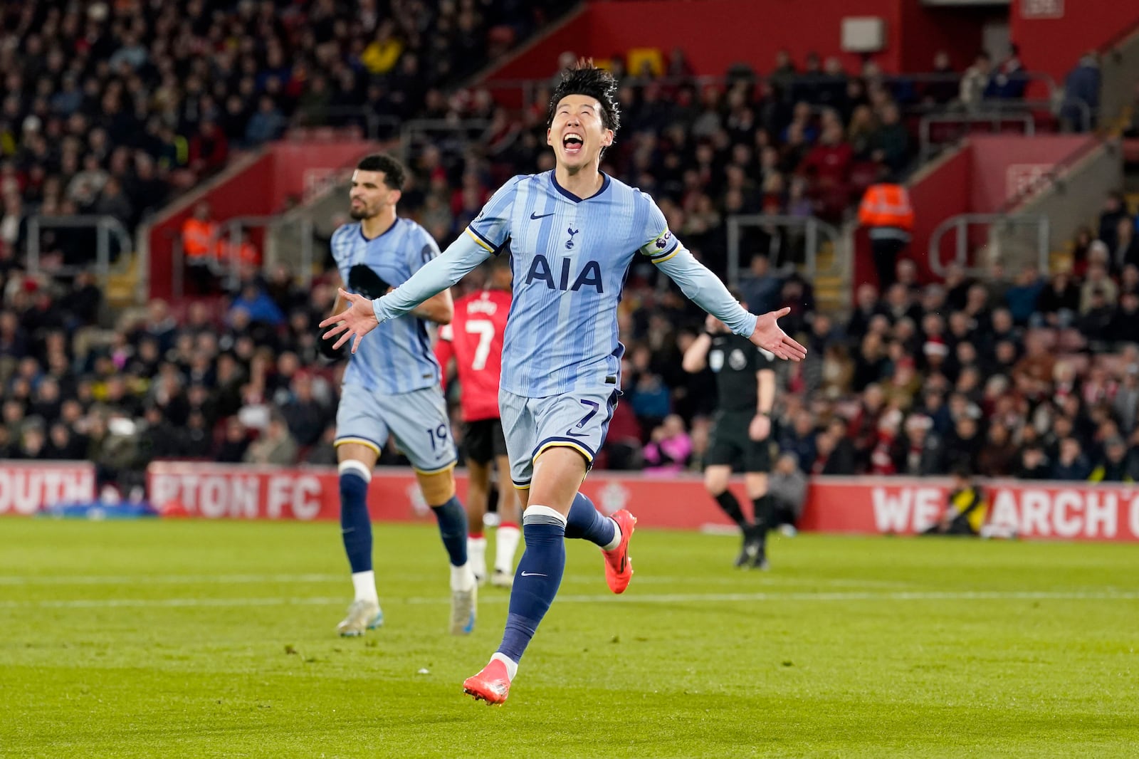 Tottenham Hotspur's Son Heung-Min celebrates scoring during the English Premier League soccer match between Southampton and Tottenham Hotspur at St Mary's Stadium, Southampton, England, Sunday Dec. 15, 2024. (Andrew Matthews/PA via AP)