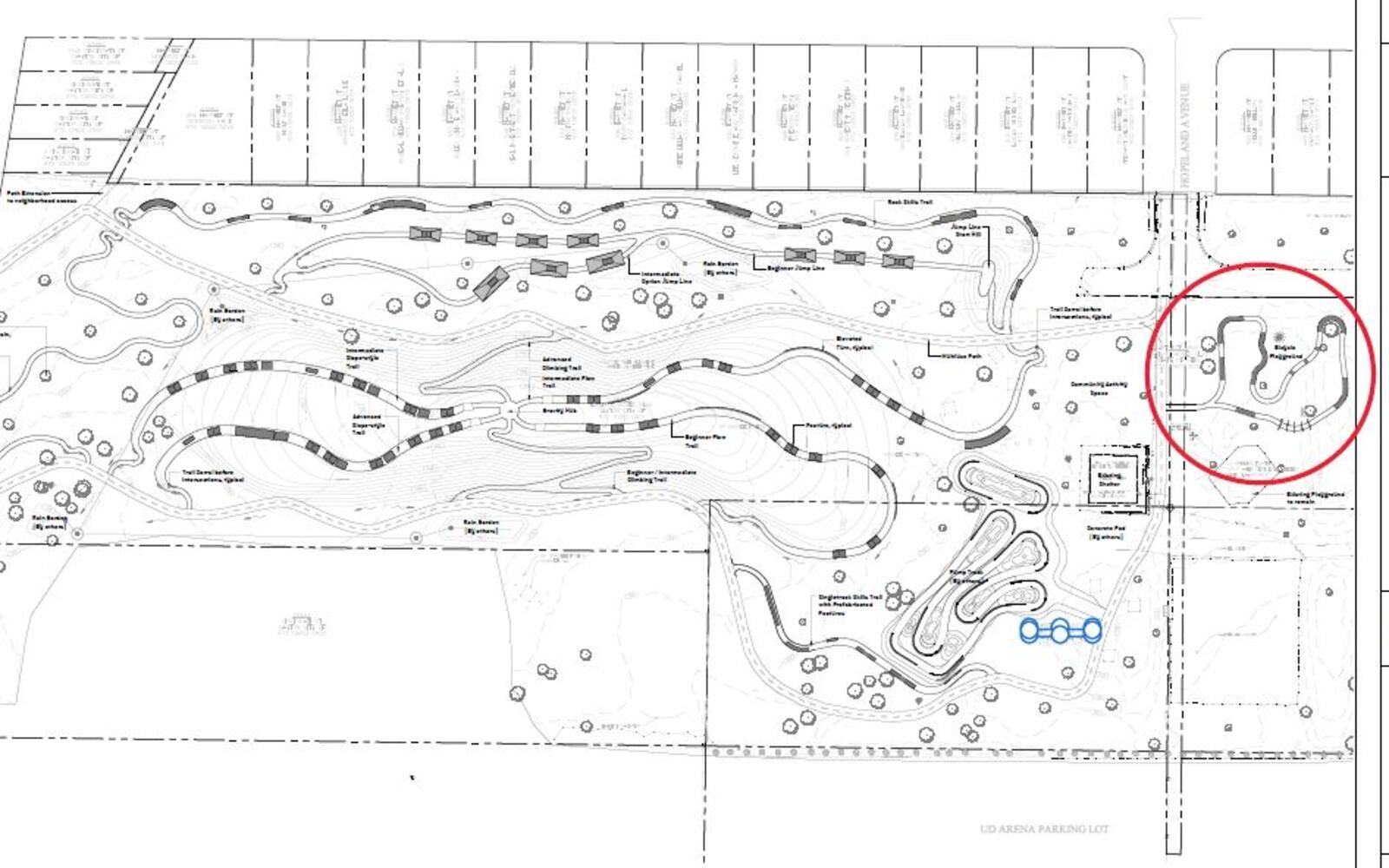 A proposed site plan for the Bike Yard at Welcome Park. The area circled in red is the new bike playground. CONTRIBUTED