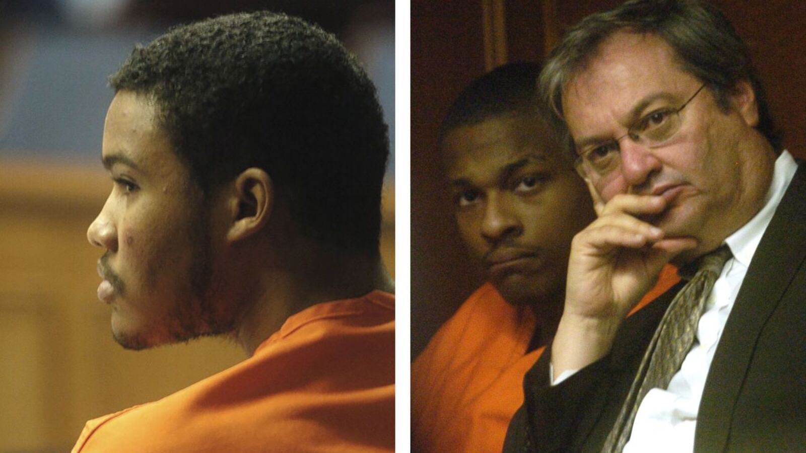 Convicted killers Sir Mario Owens, left, and Robert K. Ray, seen at right with his attorney, listen to court proceedings in their cases. The men, who were on Colorado's death row for three murders in 2004 and 2005, had their sentences commuted Monday, March 23, 2020, when Colorado's death penalty was abolished.