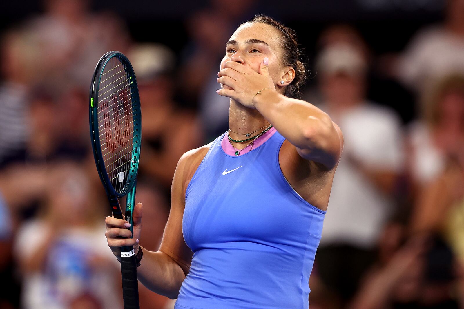 Belarus' Aryna Sabalenka celebrates winning against Russia's Polina Kudermetova during their final match at the Brisbane International in Brisbane, Australia, Sunday, Jan. 5, 2025. (AP Photo/Pat Hoelscher)