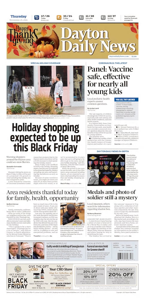 Thanksgiving Day front pages from the Dayton Daily News archives