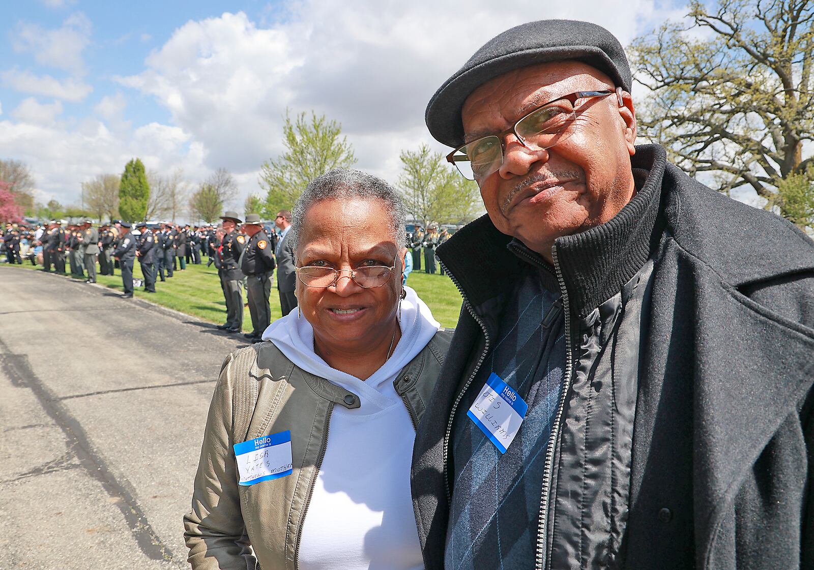 Lisa Yates, the mother of fallen Clark County Sheriff's Deputy Matthew Yates, and Otis Williams at the Ohio Peace Officers Memorial Ceremony Thursday, May 4, 2023. BILL LACKEY/STAFF