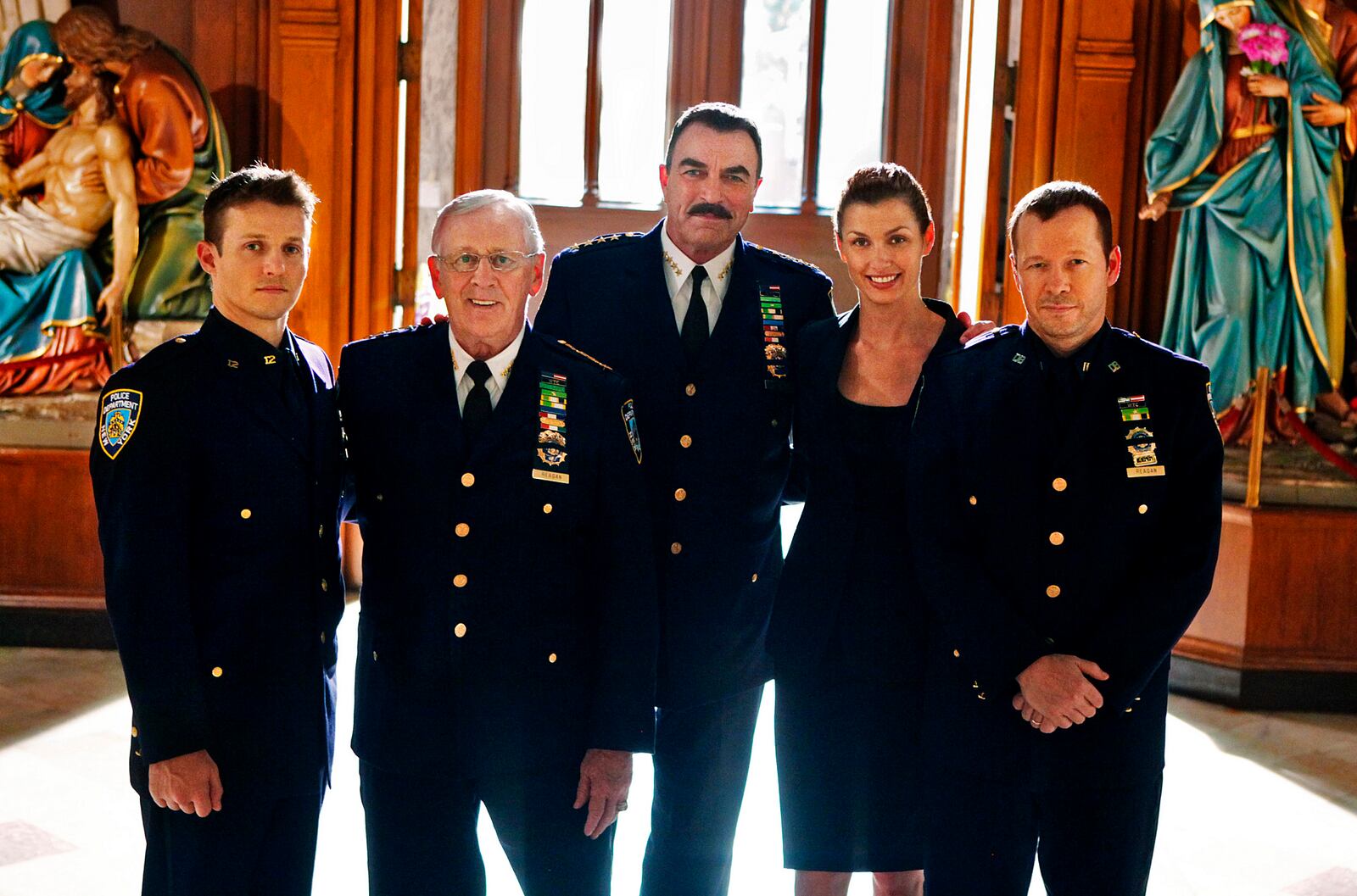 &quot;Officer Down&quot; -- (L-R) The Regan family all in blue. Jamie (Will Estes), Henry (Len Cariou), Frank(Tom Selleck), Erin (Bridget Moynahan) and Danny (Donnie Wahlberg). BLUE BLOODS airs on Fridays at (10:00-11:00 PM, ET/PT) on the CBS Television Network.   Photo: Craig Blankenhorn/CBS&copy;2010CBS Broadcasting Inc. All Rights Reserved #105 FOR EDITORIAL USE ONLY