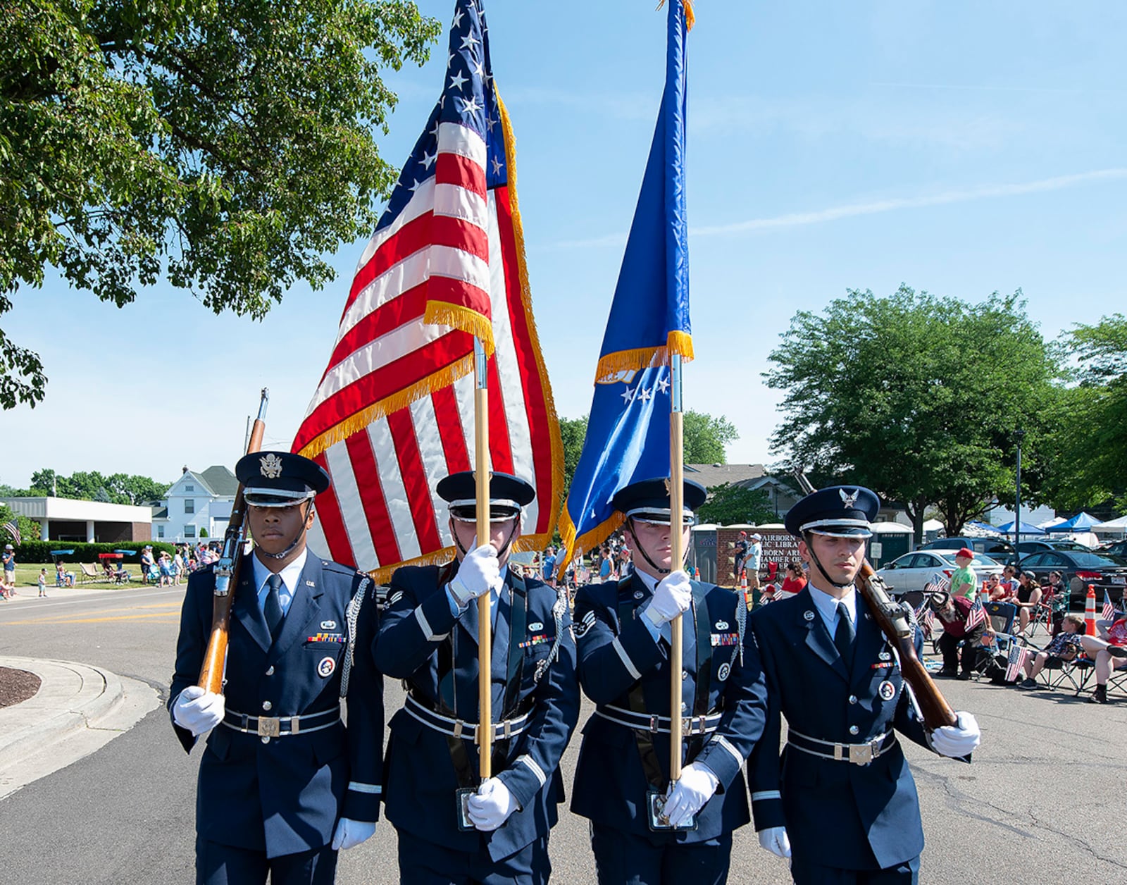 Wright-Patterson Air Force Base Honor Guard members carry the colors during the 2022 Fourth of July parade in Fairborn. U.S. AIR FORCE PHOTO/R.J. ORIEZ