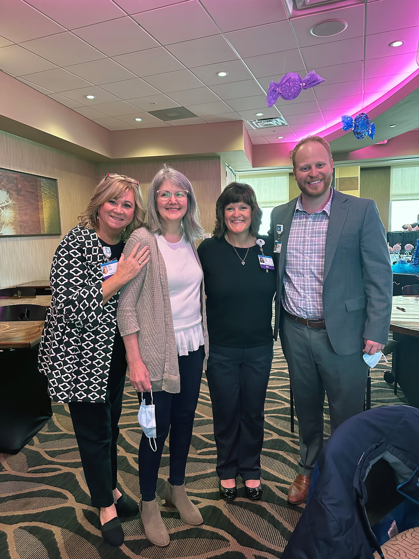 Terri returned to Soin Medical Center in December where staff honored her. From left are Sue Sprinkle, clinical nurse manager, Terri, Lisa Galloway, ICU nurse manager and Daniel Tryon, president of Soin. CONTRIBUTED