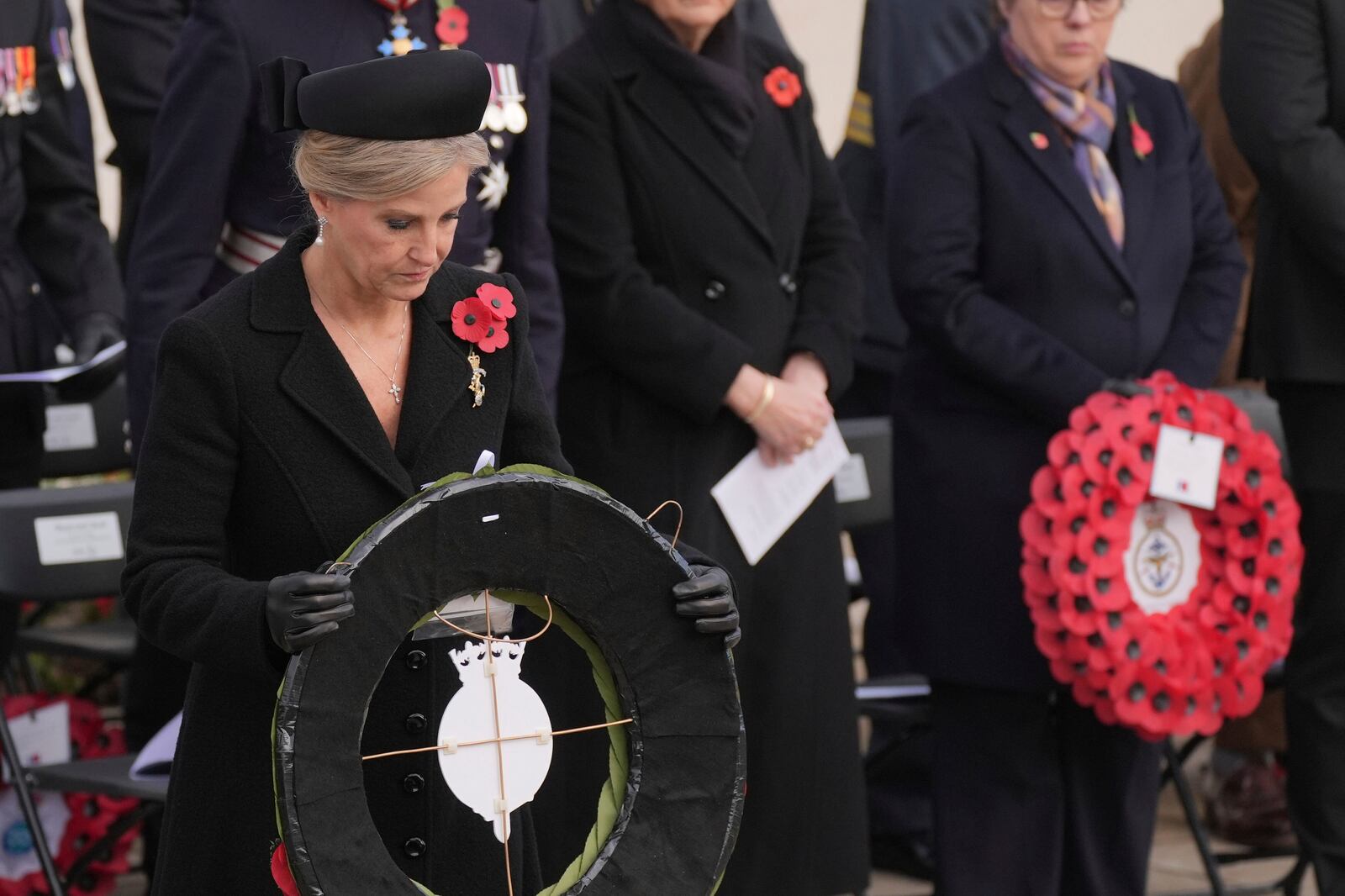 Sophie, Duchess of Edinburgh, lays a wreath during the Remembrance service at National Memorial Arboretum in Alrewas, Staffordshire, England, to mark Armistice Day, Monday Nov. 11, 2024. (Jacob King/PA via AP)